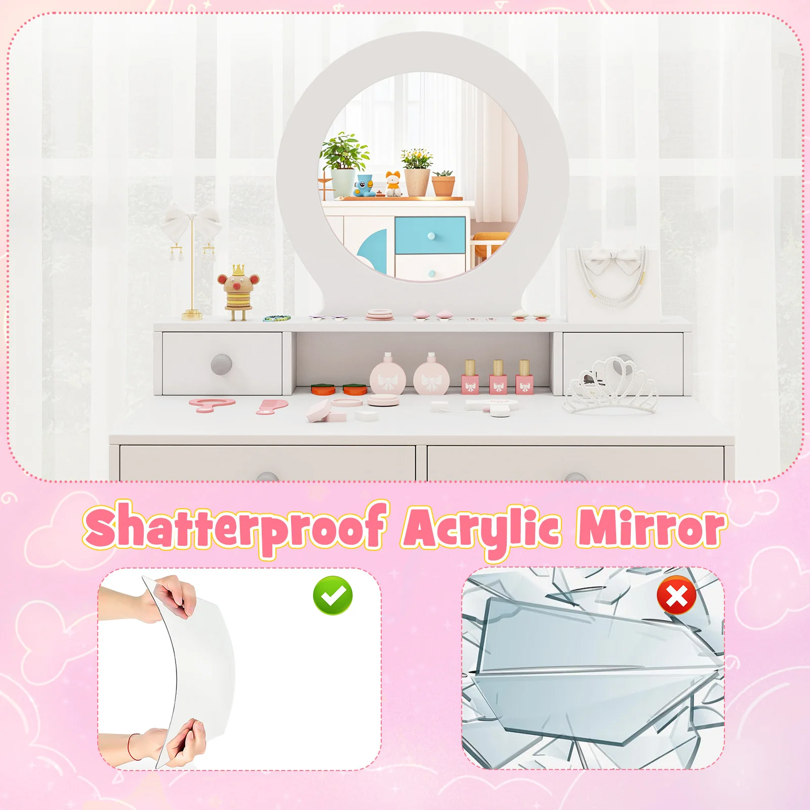 HONEY JOY Kids Vanity Set with Mirror, Princess Makeup Dressing Desk and Chair Set with Mirror - Image 6