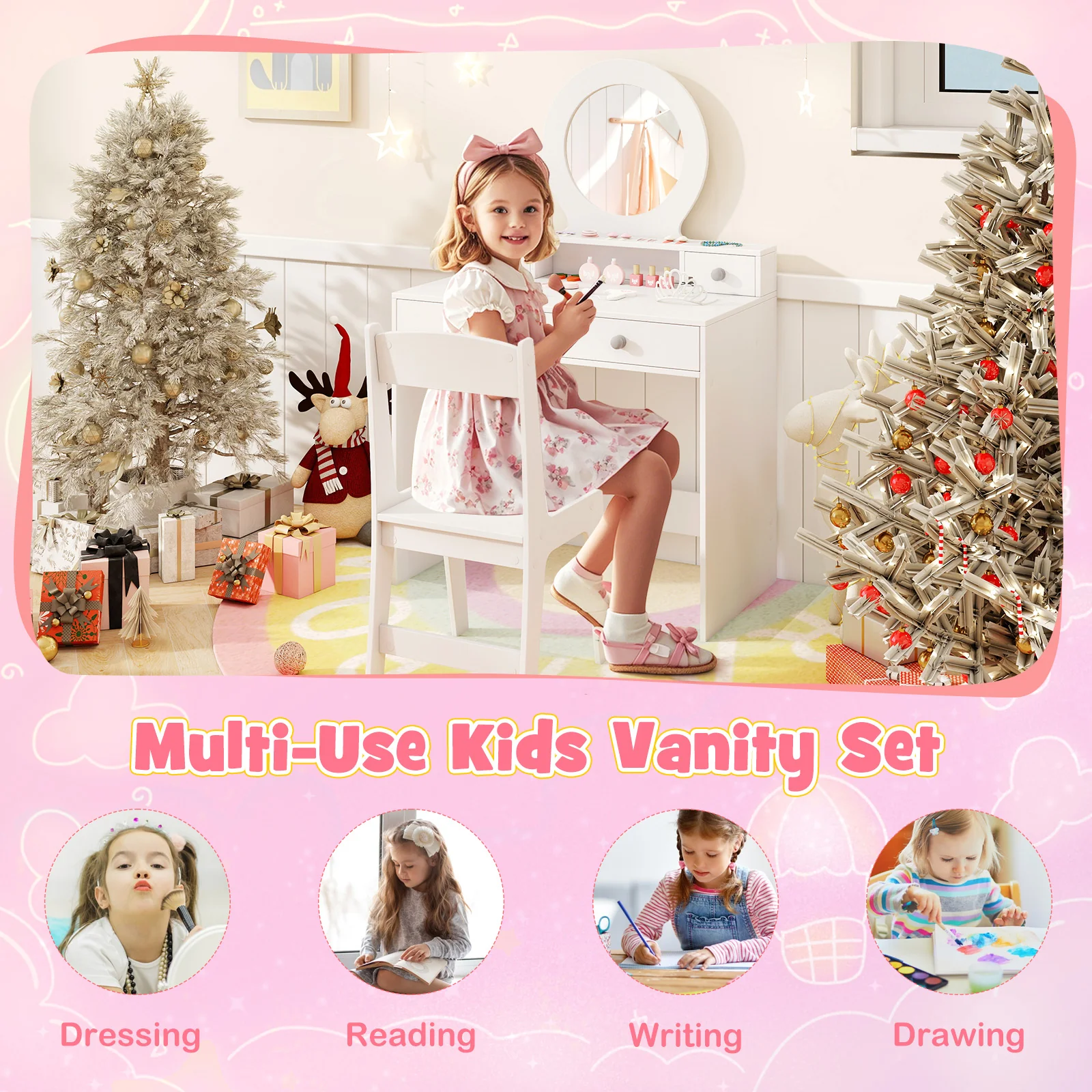 HONEY JOY Kids Vanity Set with Mirror, Princess Makeup Dressing Desk and Chair Set with Mirror - Image 7