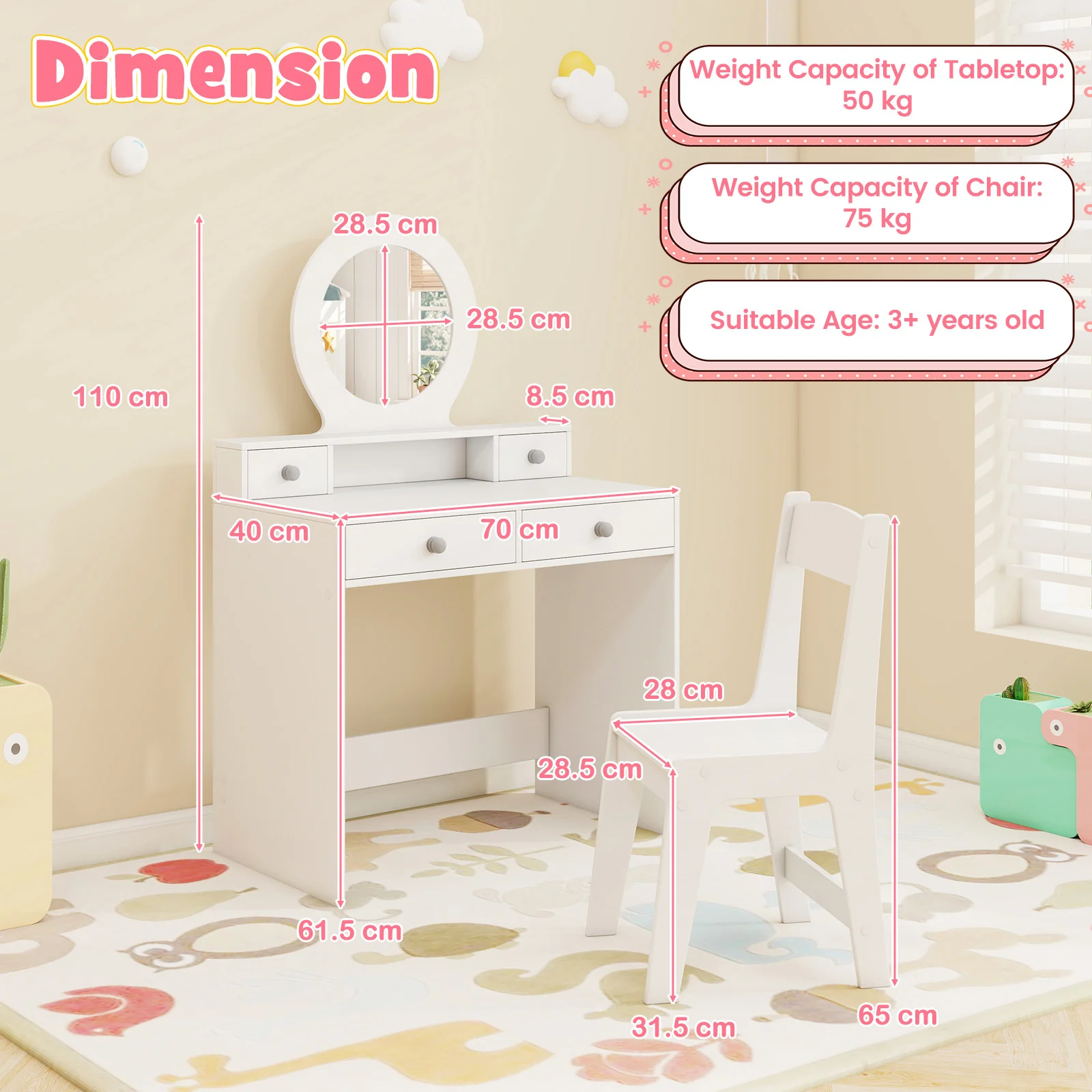 HONEY JOY Kids Vanity Set with Mirror, Princess Makeup Dressing Desk and Chair Set with Mirror - Image 8