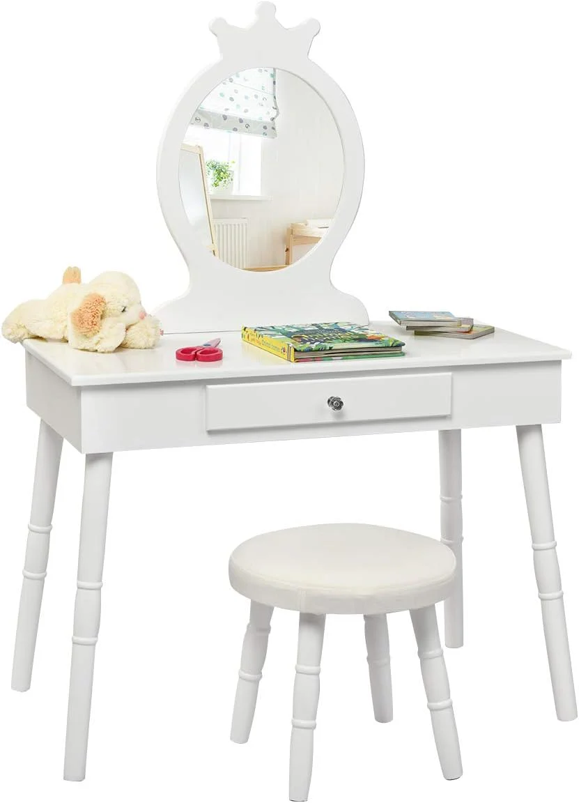 HONEY JOY Kids Vanity Set with Real Mirror & Cushioned Stool, Crown Shape Princess Makeup Dressing Table Stool Set - Image 10