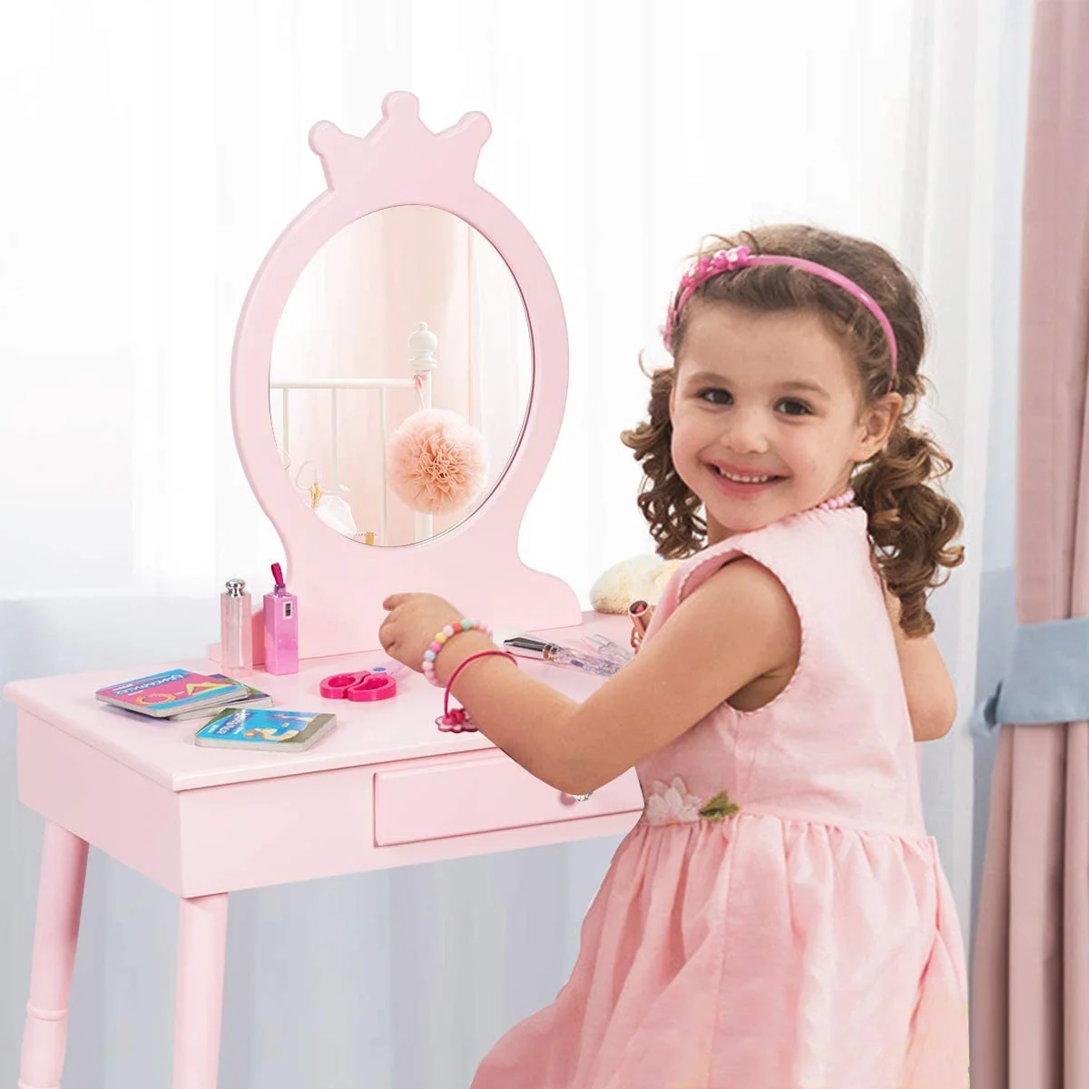 HONEY JOY Kids Vanity Set with Real Mirror & Cushioned Stool, Crown Shape Princess Makeup Dressing Table Stool Set - Image 3