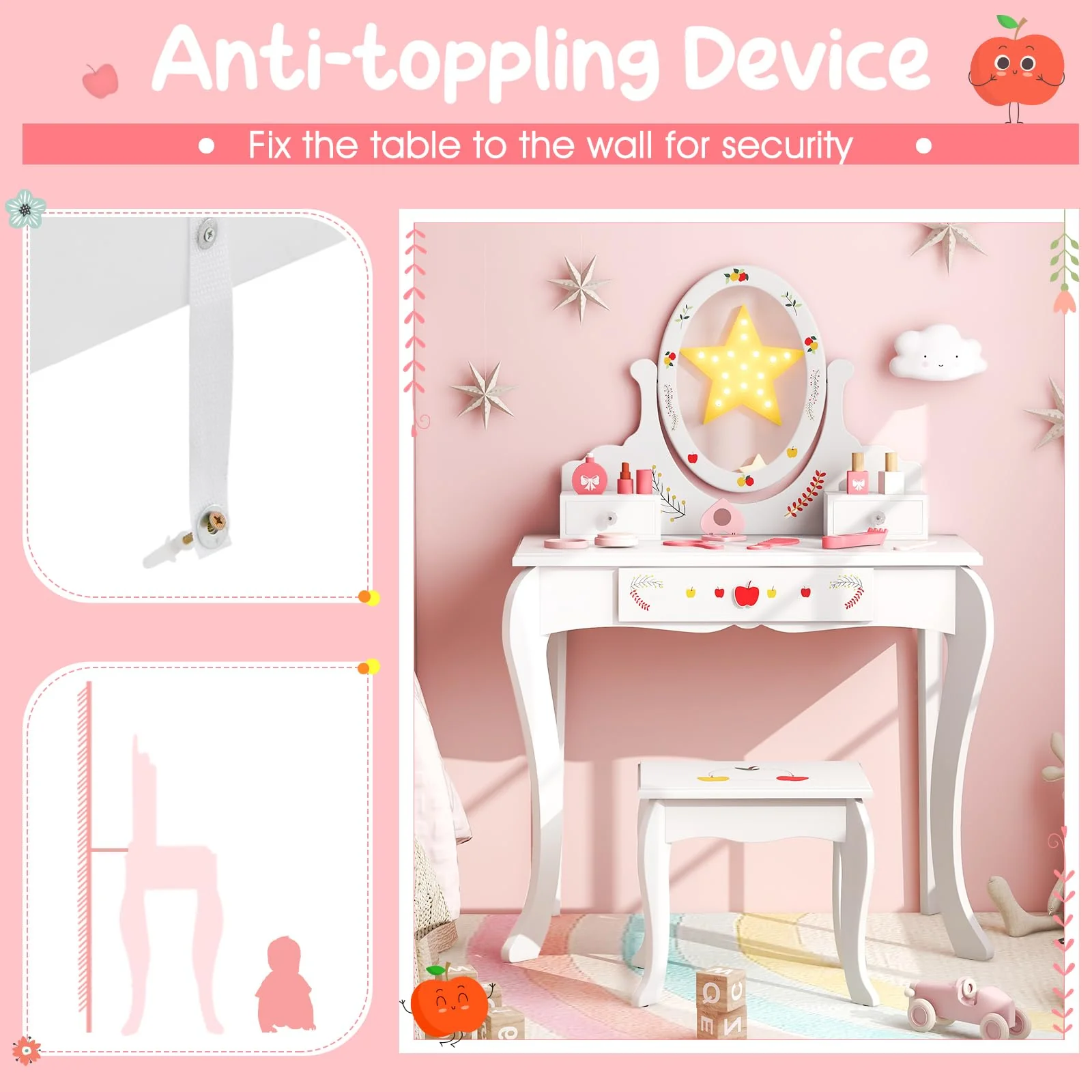 HONEY JOY Kids Vanity & Stool Set, Kids Dressing Table w/360° Rotatable Mirror, Whiteboard, 3 Storage Drawers, Cute Apple Patterns - Image 4