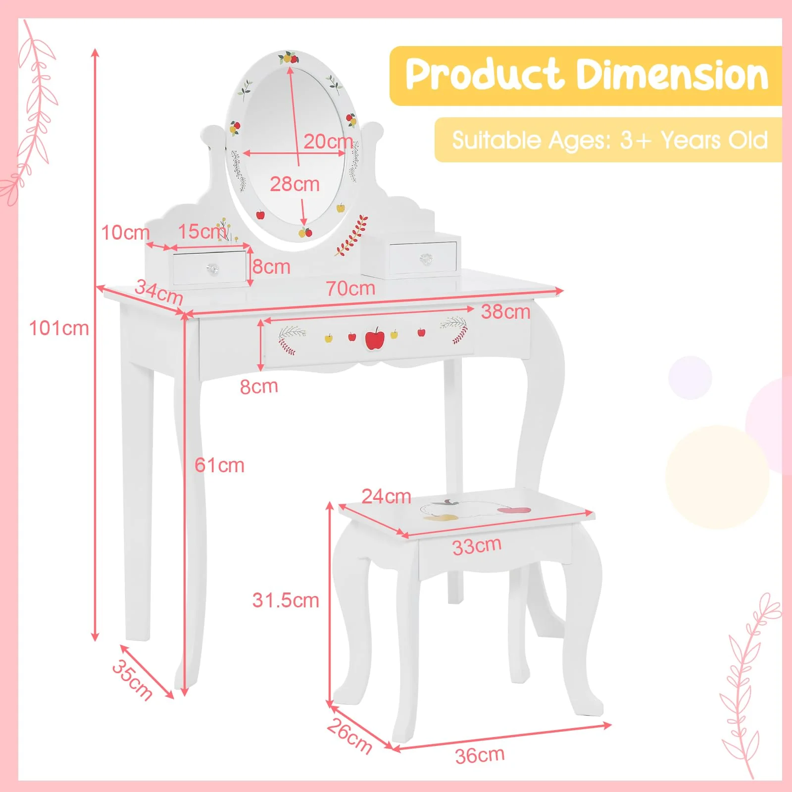 HONEY JOY Kids Vanity & Stool Set, Kids Dressing Table w/360° Rotatable Mirror, Whiteboard, 3 Storage Drawers, Cute Apple Patterns - Image 6