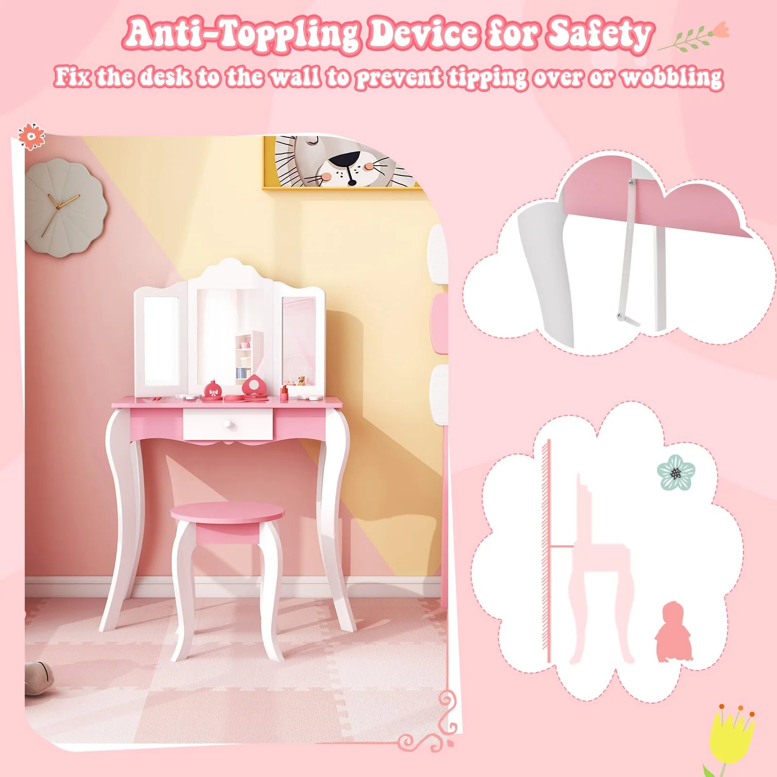 HONEY JOY Kids Vanity Table and Chair Set, 2-in-1 Kids Pretend Play Makeup Dressing Table Set with Tri-Folding Mirror - Image 4