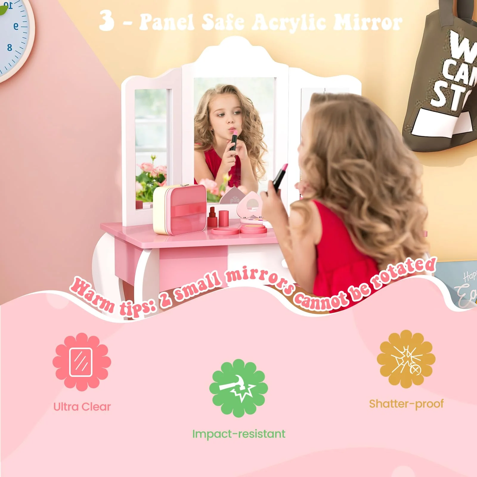 HONEY JOY Kids Vanity Table and Chair Set, 2-in-1 Kids Pretend Play Makeup Dressing Table Set with Tri-Folding Mirror - Image 5