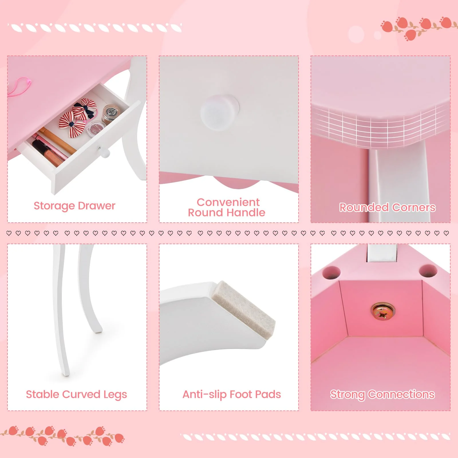 HONEY JOY Kids Vanity Table and Chair Set, 2-in-1 Kids Pretend Play Makeup Dressing Table Set with Tri-Folding Mirror - Image 6