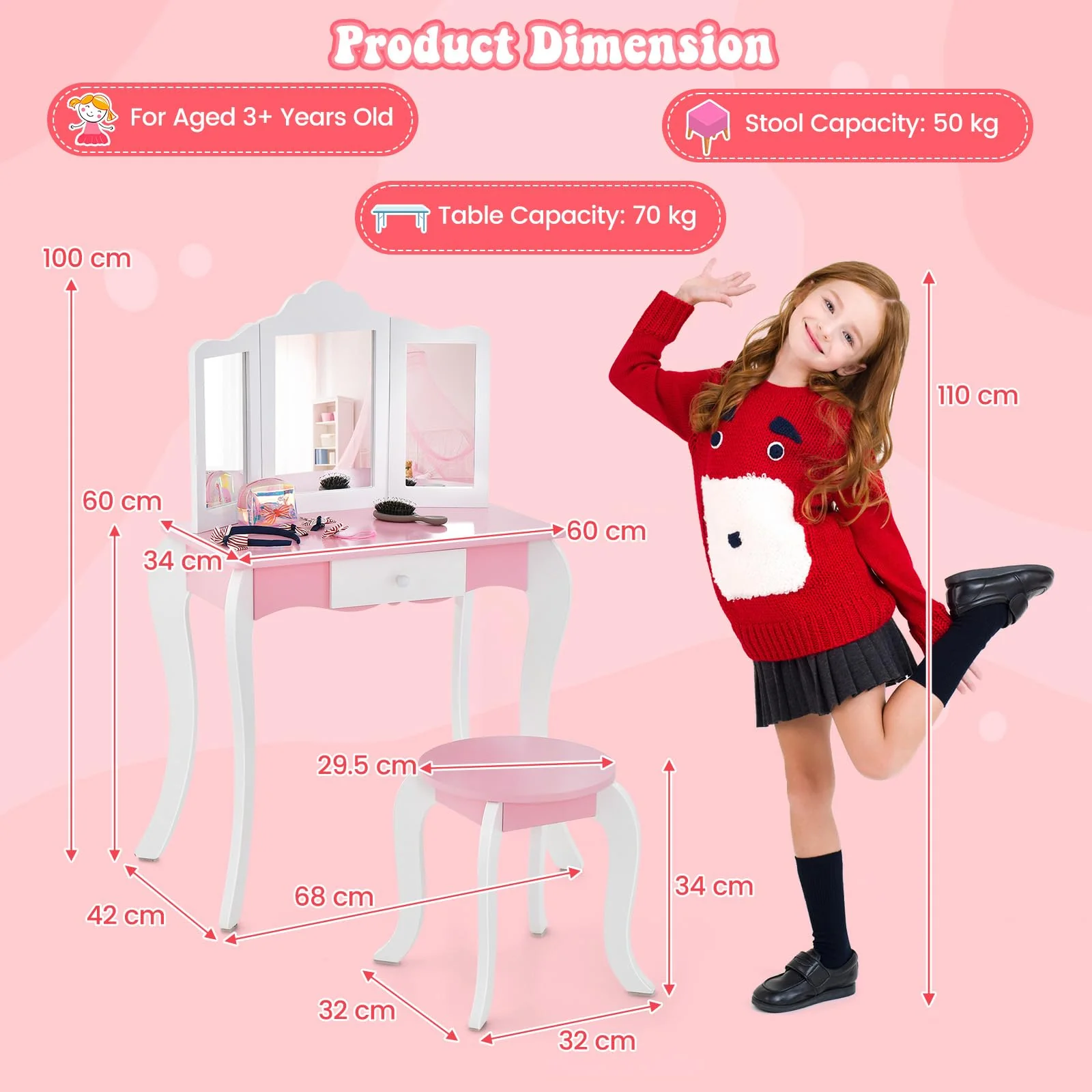 HONEY JOY Kids Vanity Table and Chair Set, 2-in-1 Kids Pretend Play Makeup Dressing Table Set with Tri-Folding Mirror - Image 7