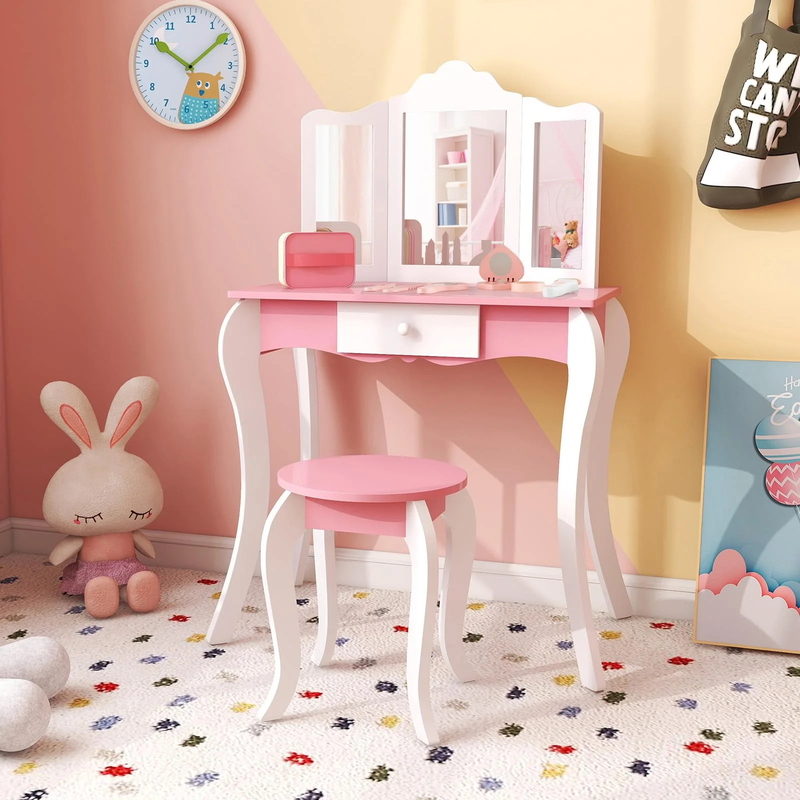 HONEY JOY Kids Vanity Table and Chair Set, 2-in-1 Kids Pretend Play Makeup Dressing Table Set with Tri-Folding Mirror - Image 8