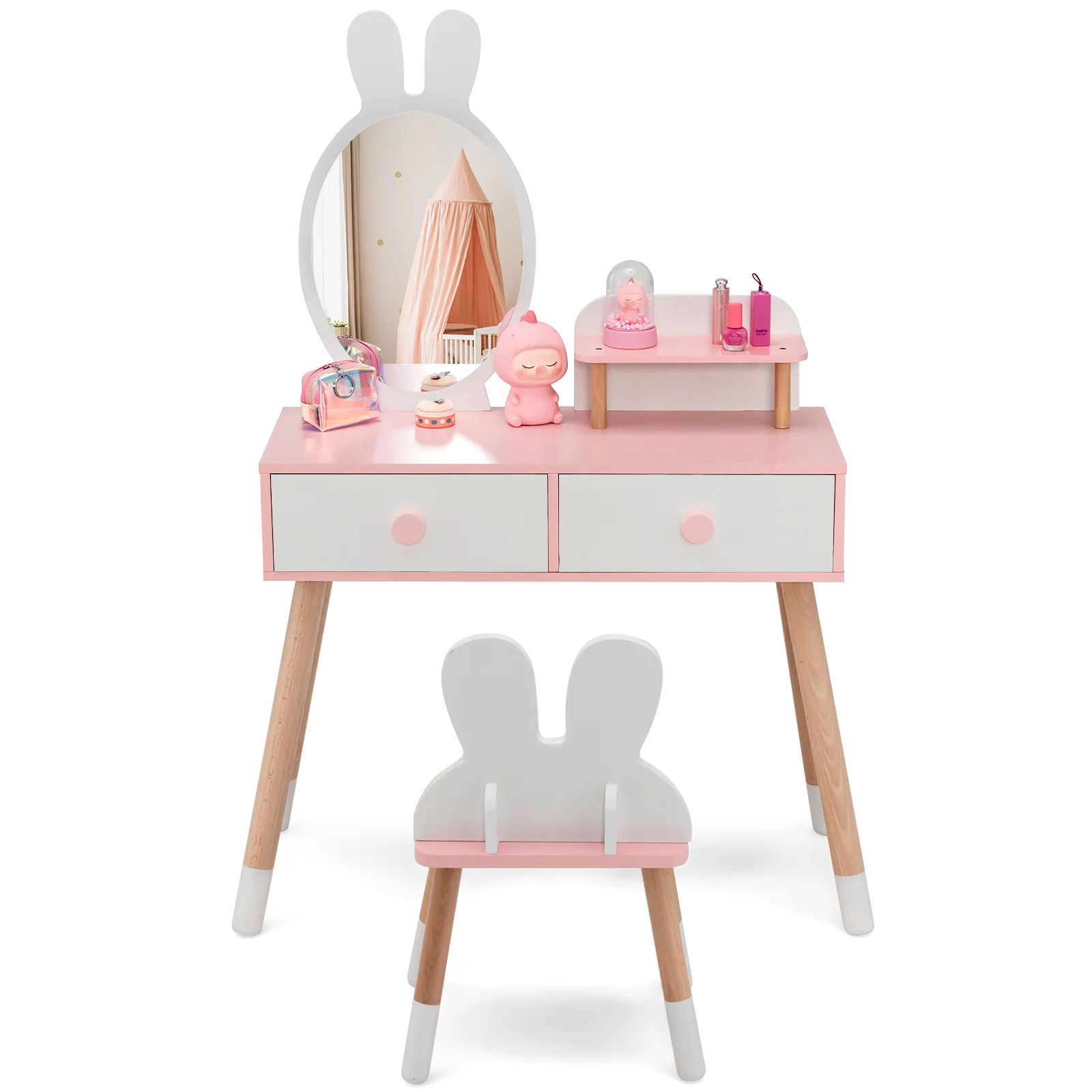 HONEY JOY Kids Vanity Table and Stool Set Makeup Dressing Desk w/Storage Shelf - Image 11