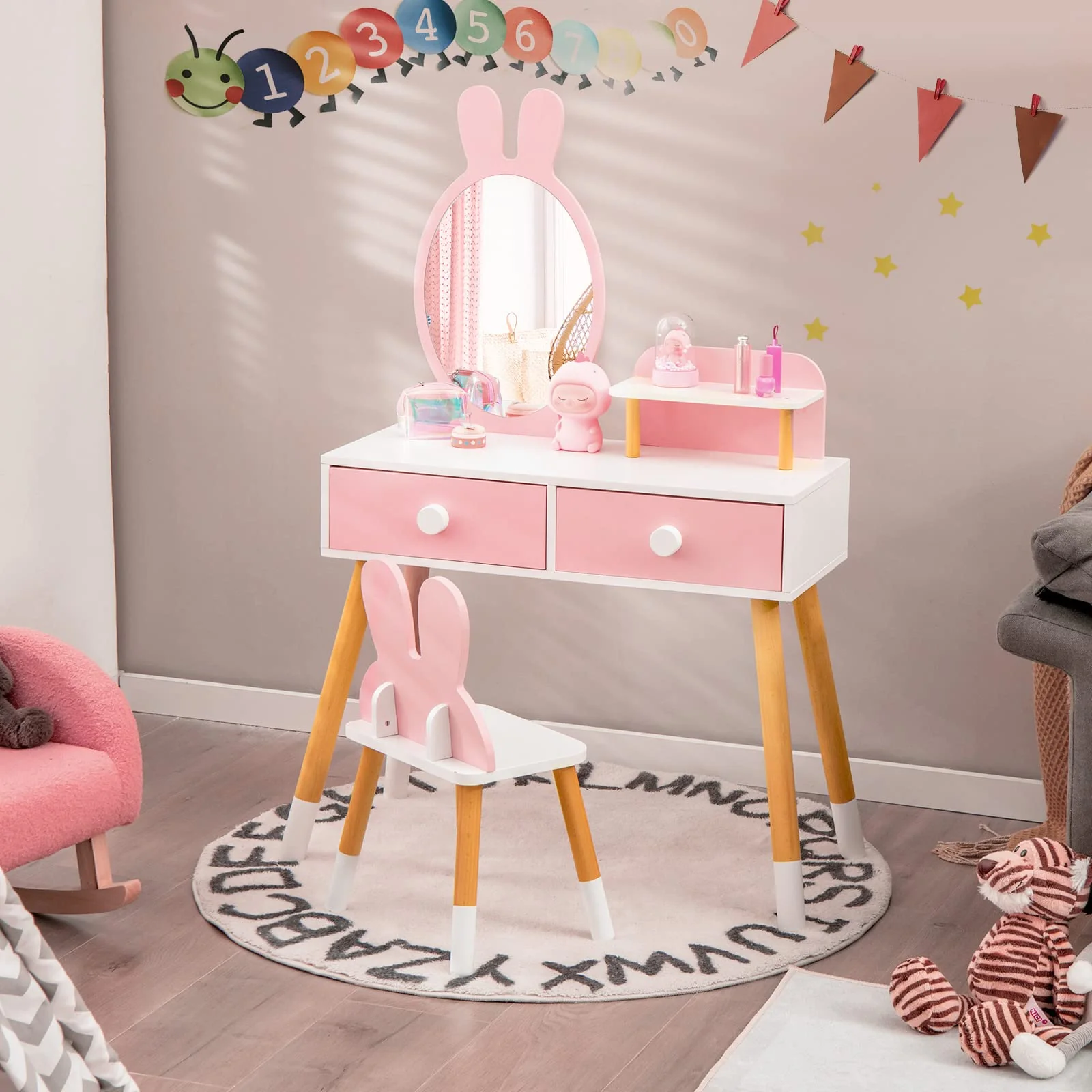 HONEY JOY Kids Vanity Table and Stool Set Makeup Dressing Desk w/Storage Shelf - Image 3