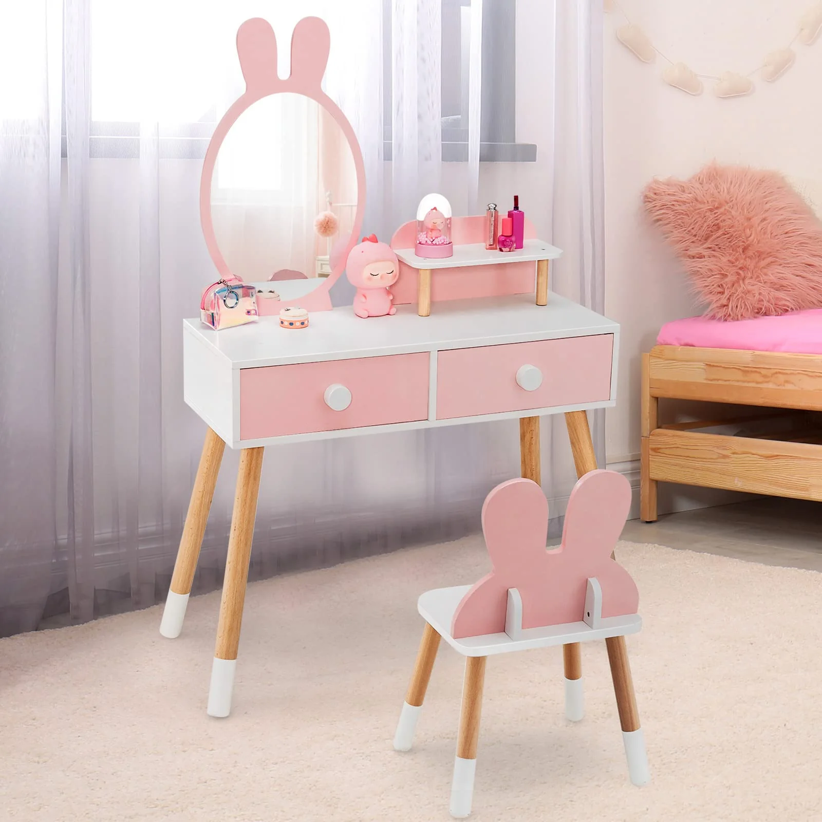 HONEY JOY Kids Vanity Table and Stool Set Makeup Dressing Desk w/Storage Shelf - Image 4