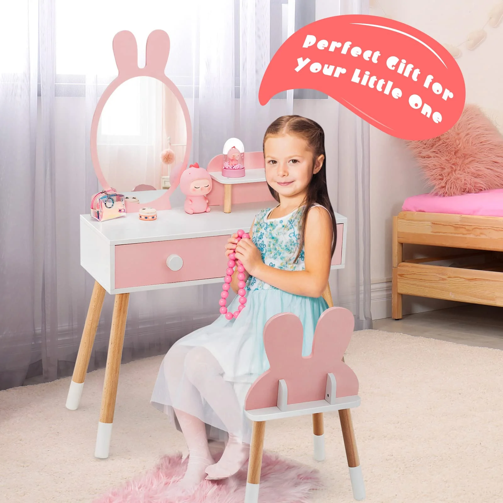 HONEY JOY Kids Vanity Table and Stool Set Makeup Dressing Desk w/Storage Shelf - Image 5