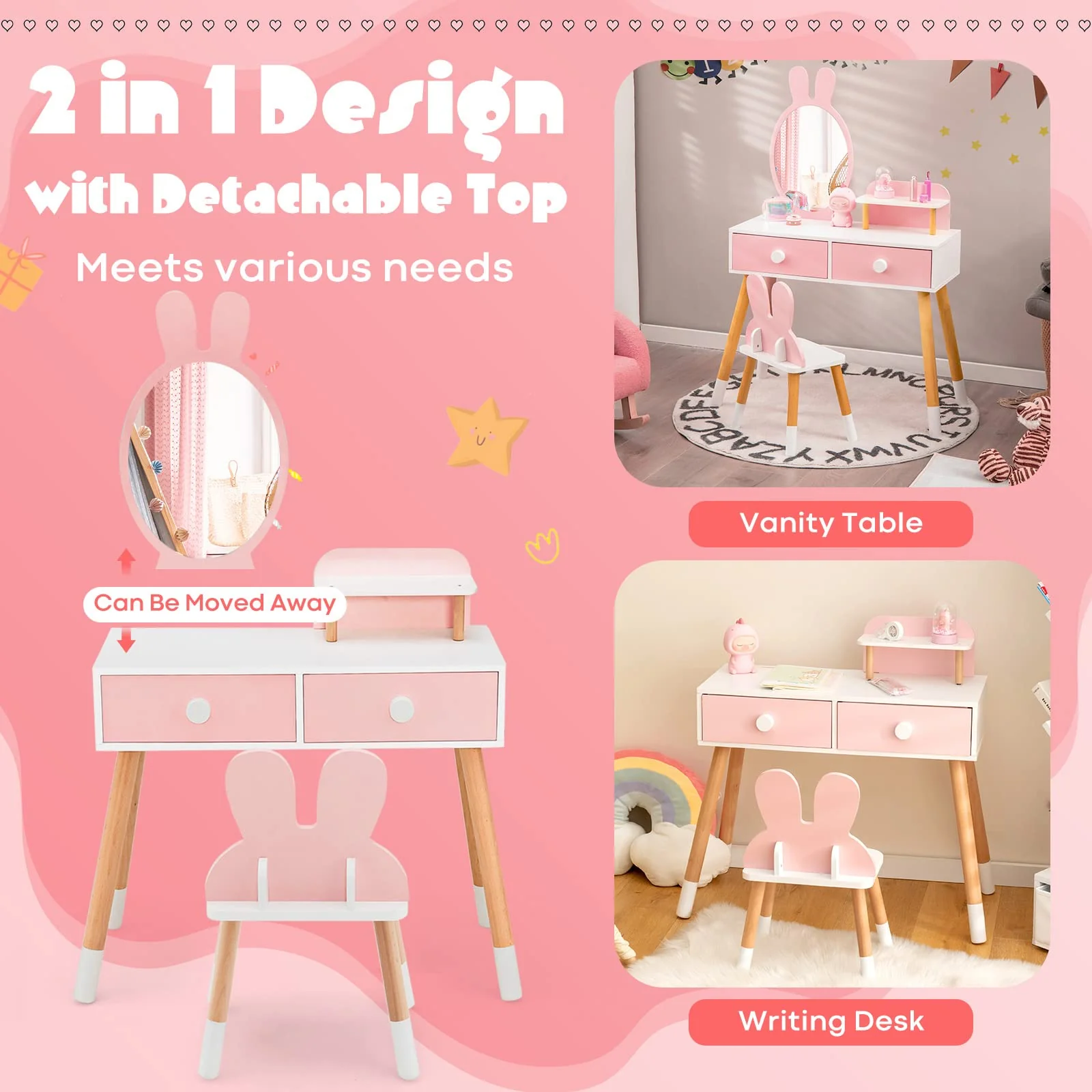 HONEY JOY Kids Vanity Table and Stool Set Makeup Dressing Desk w/Storage Shelf - Image 6