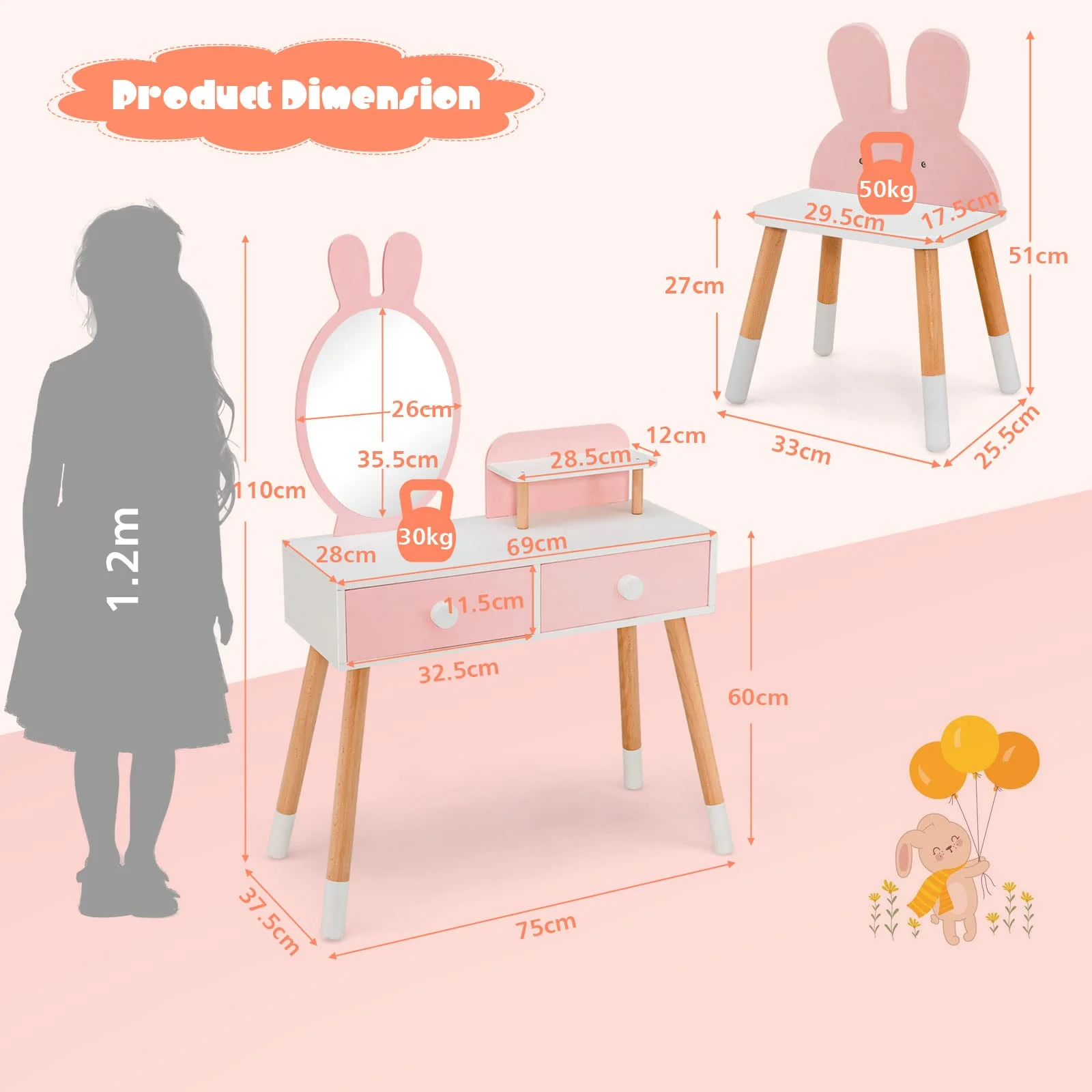 HONEY JOY Kids Vanity Table and Stool Set Makeup Dressing Desk w/Storage Shelf - Image 7