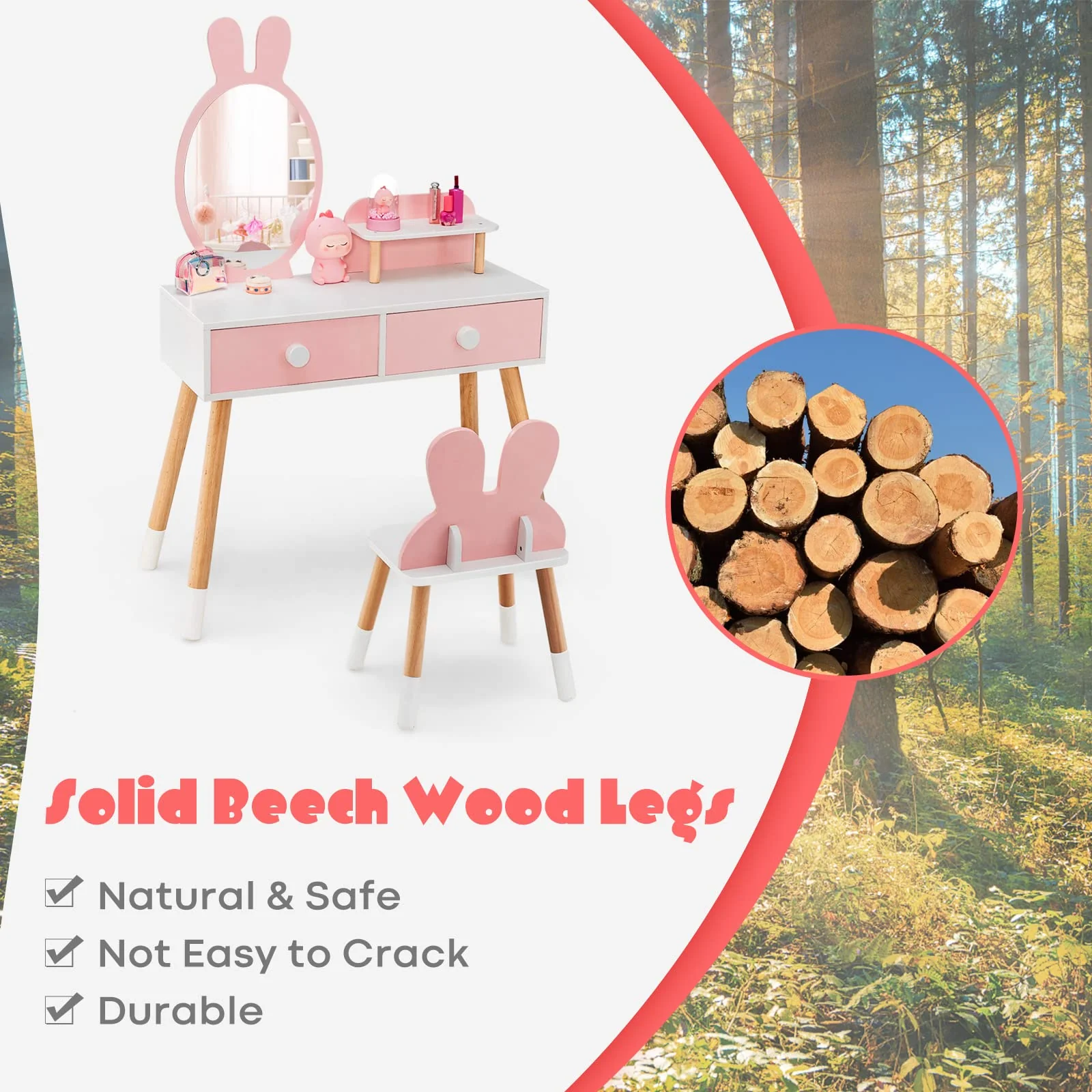 HONEY JOY Kids Vanity Table and Stool Set Makeup Dressing Desk w/Storage Shelf - Image 8