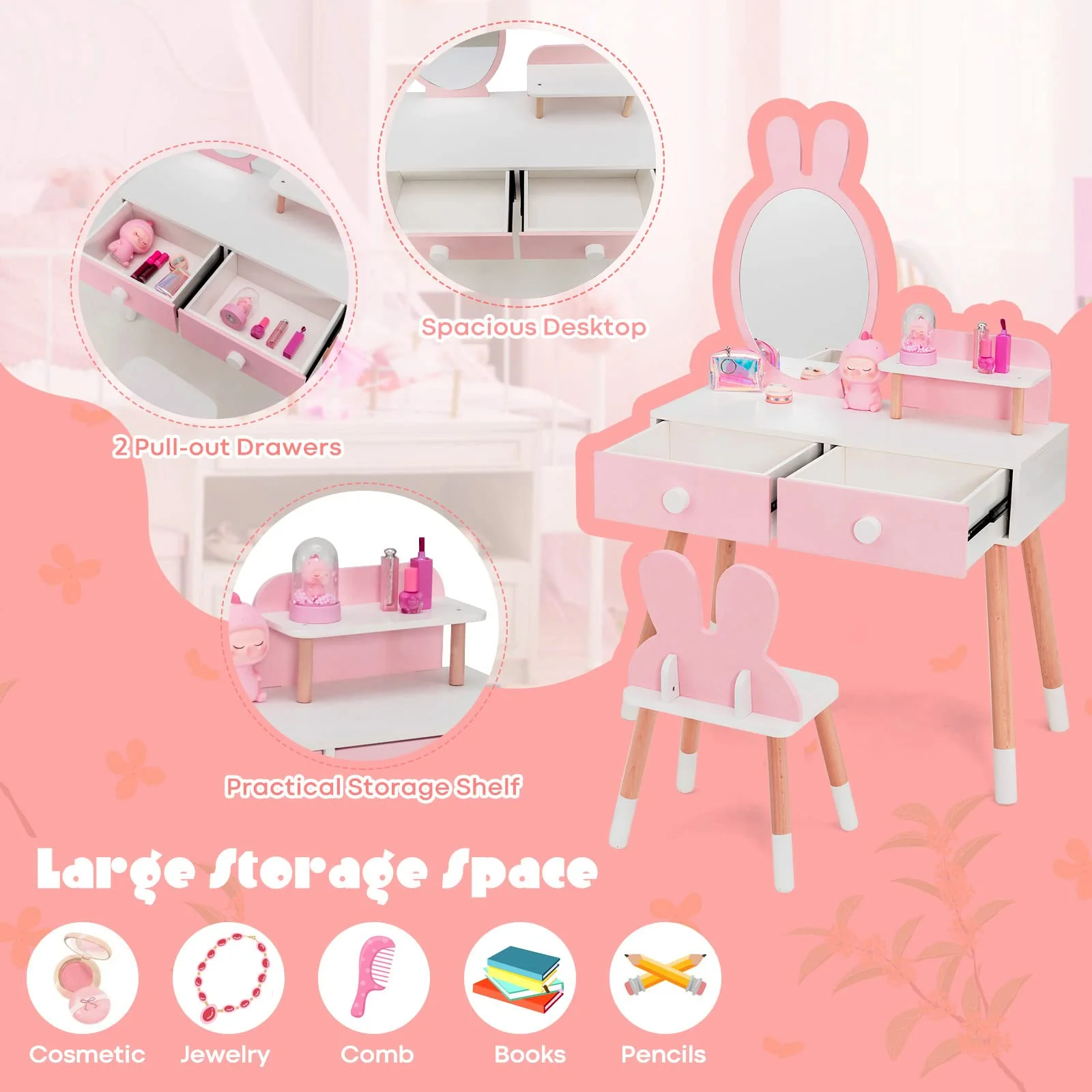 HONEY JOY Kids Vanity Table and Stool Set Makeup Dressing Desk w/Storage Shelf - Image 9