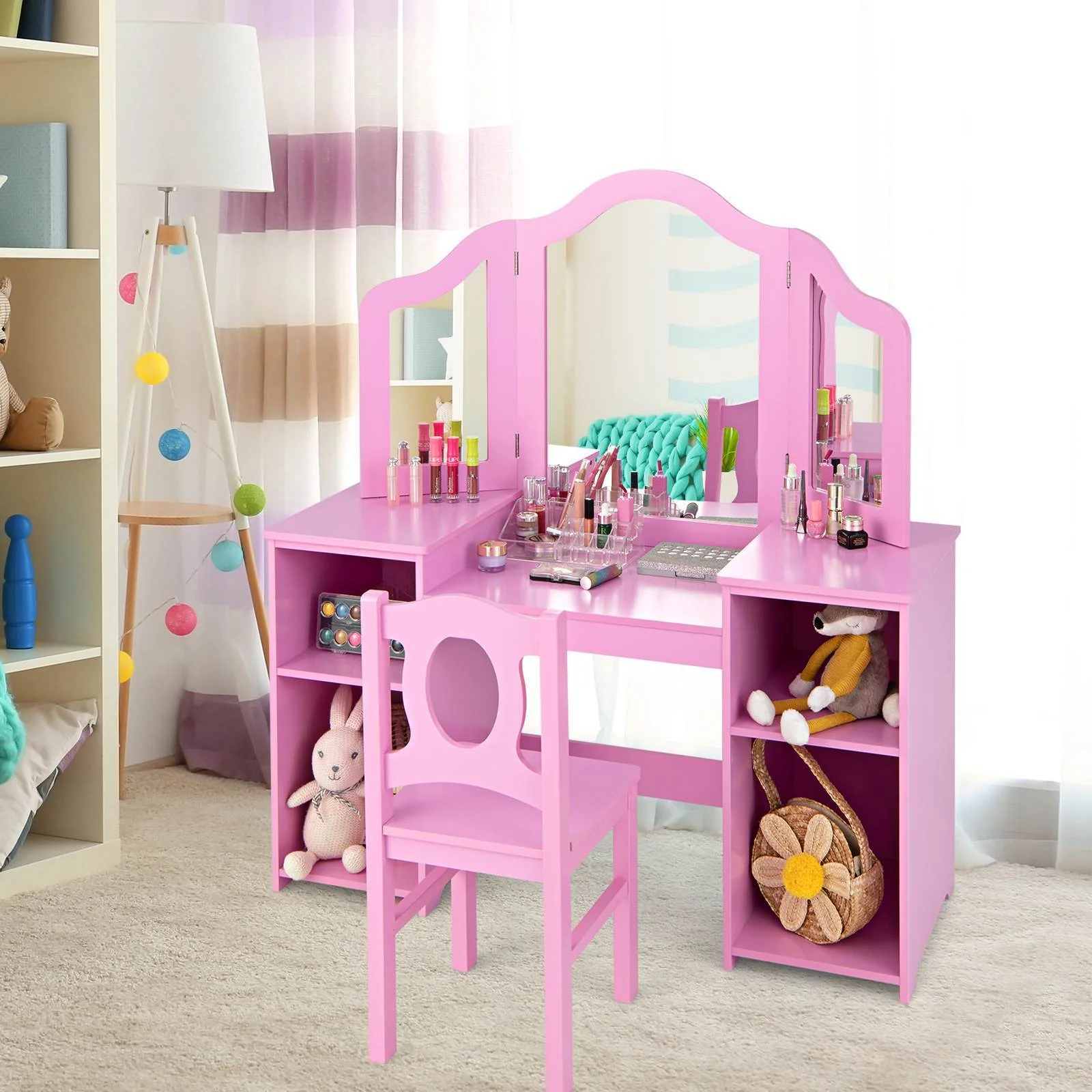 HONEY JOY Kids Vanity Table and Stool Set Multi-functional Makeup Dressing Desk - Image 10