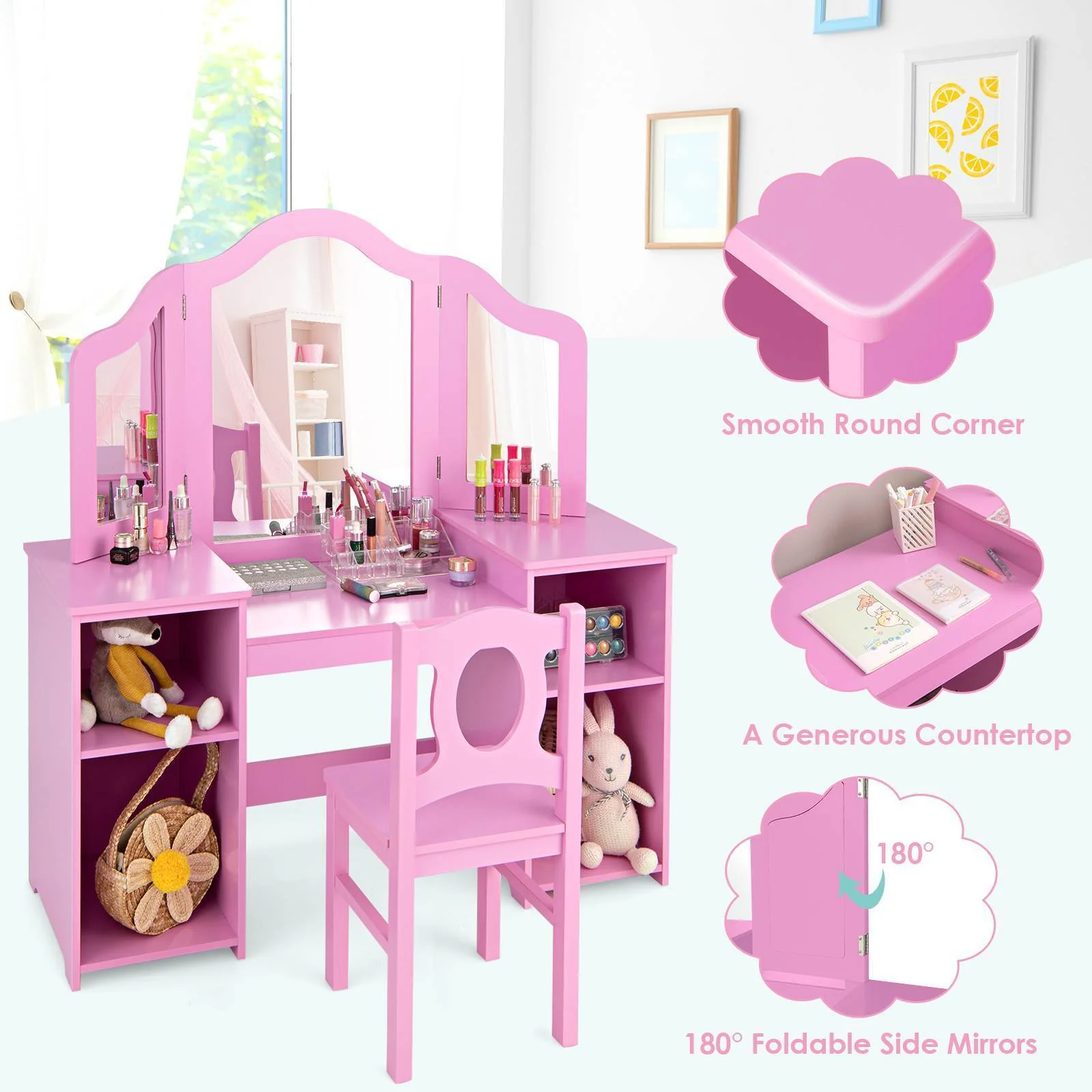 HONEY JOY Kids Vanity Table and Stool Set Multi-functional Makeup Dressing Desk - Image 6