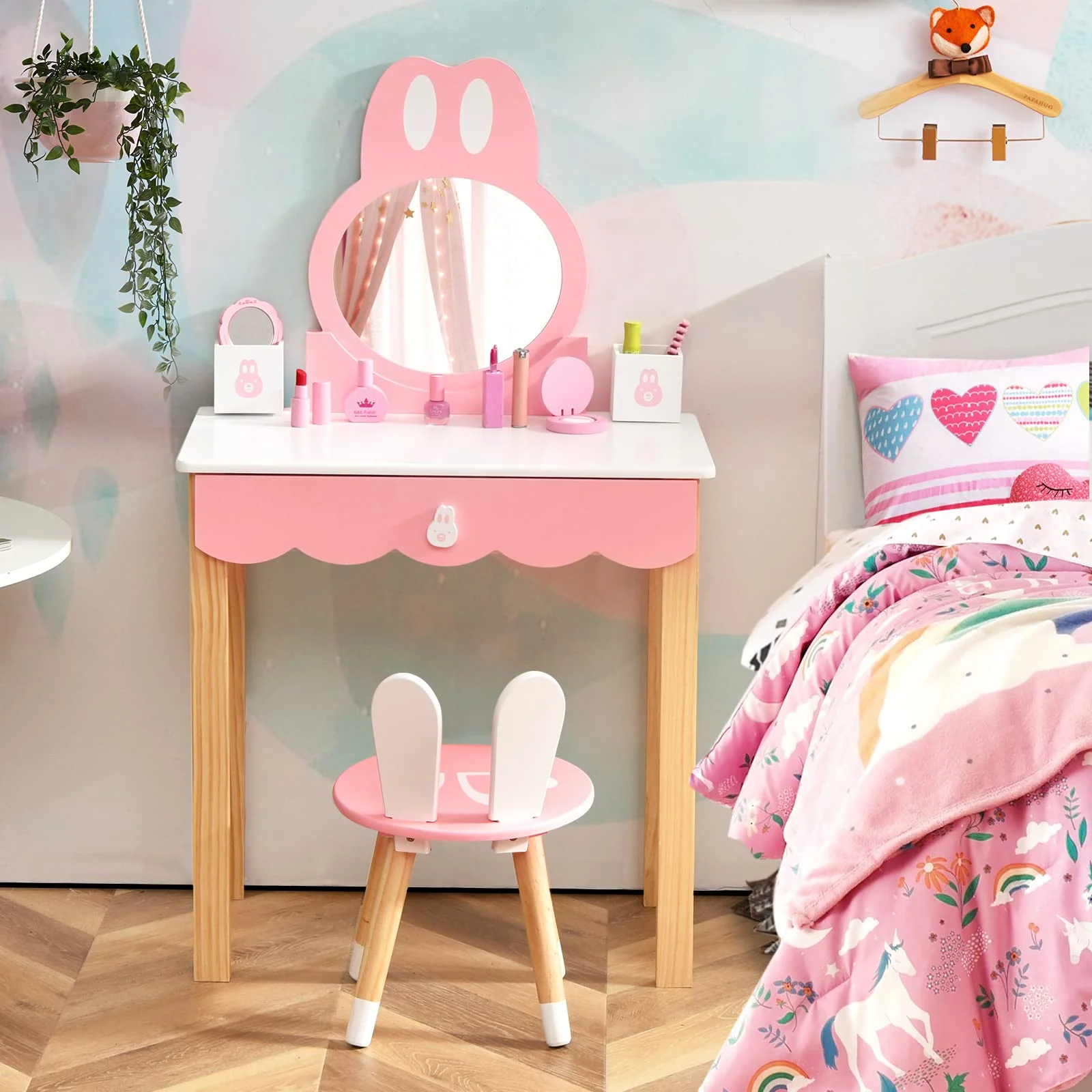 HONEY JOY Kids Vanity Table & Chair Set, Makeup Dressing Table w/Detachable Top, Drawer & Storage Boxes - Image 2