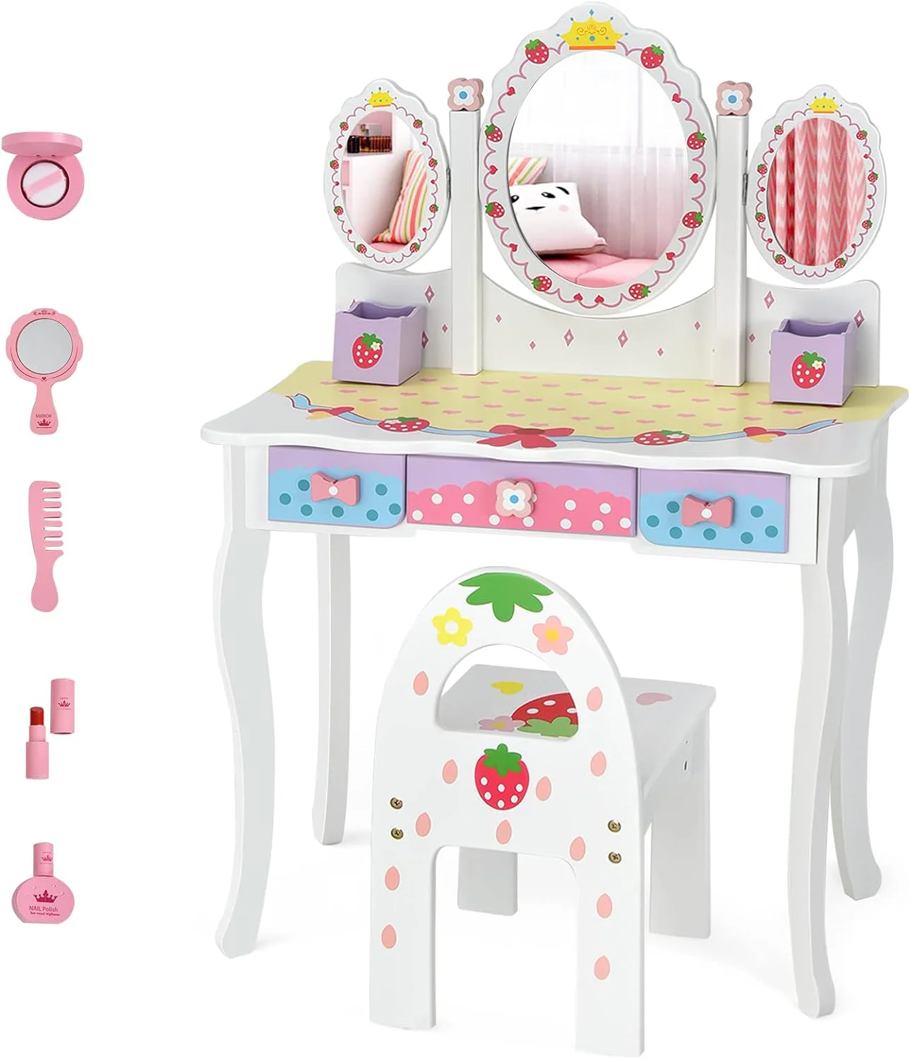 HONEY JOY Kids Vanity Table & Chair Set, Toddler Vanity w/Detachable Top, 2 in 1 Princess Makeup Dressing Table - Image 10