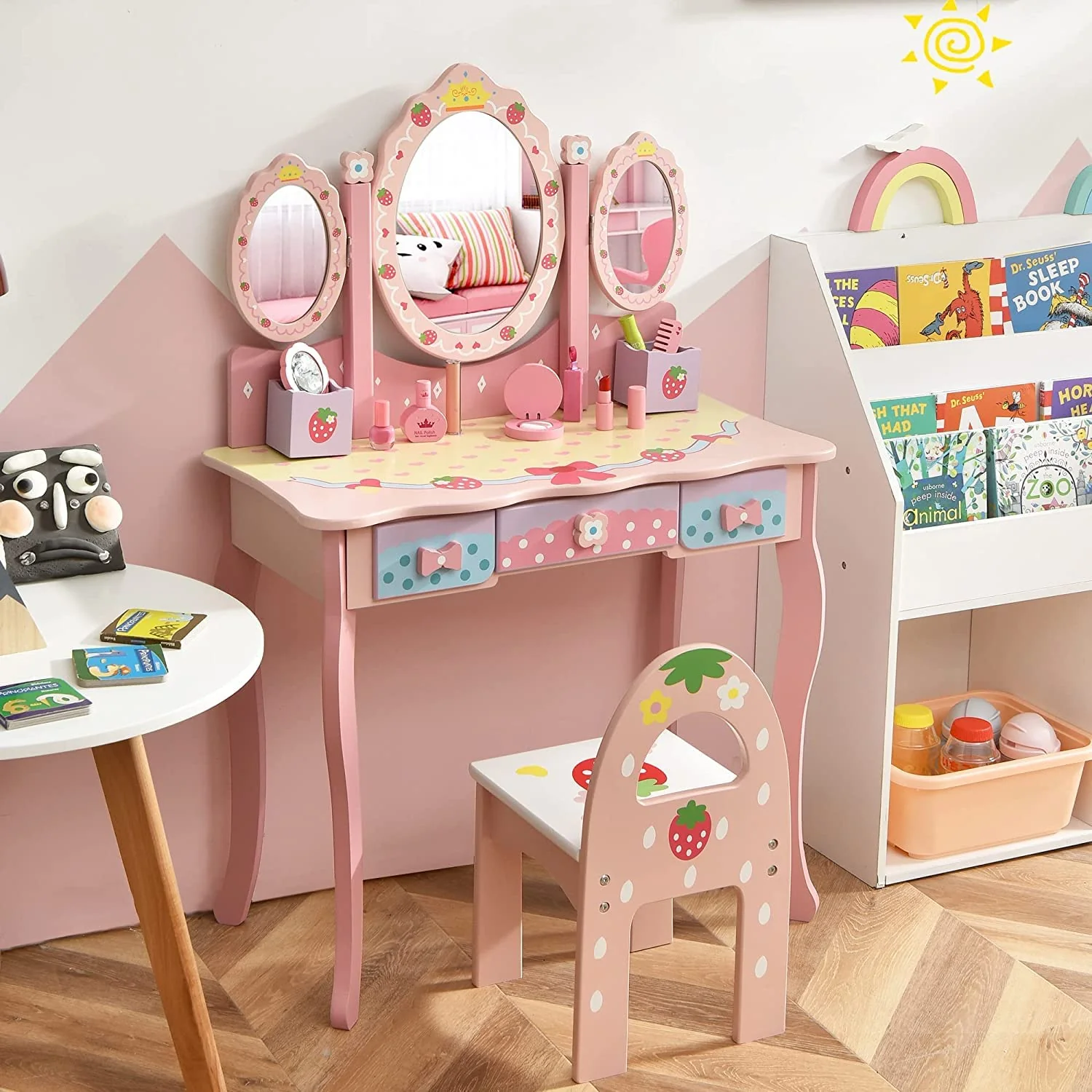 HONEY JOY Kids Vanity Table & Chair Set, Toddler Vanity w/Detachable Top, 2 in 1 Princess Makeup Dressing Table - Image 2