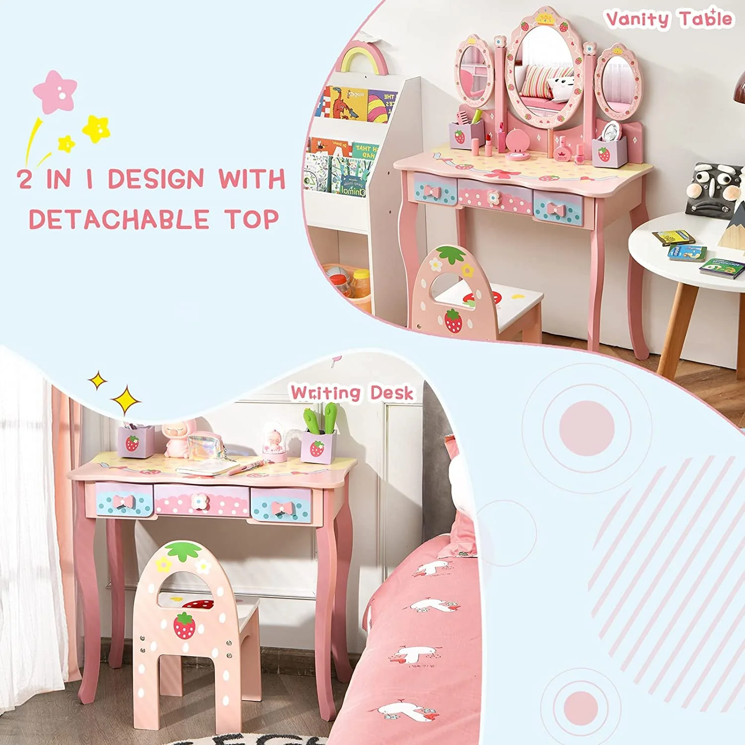 HONEY JOY Kids Vanity Table & Chair Set, Toddler Vanity w/Detachable Top, 2 in 1 Princess Makeup Dressing Table - Image 3