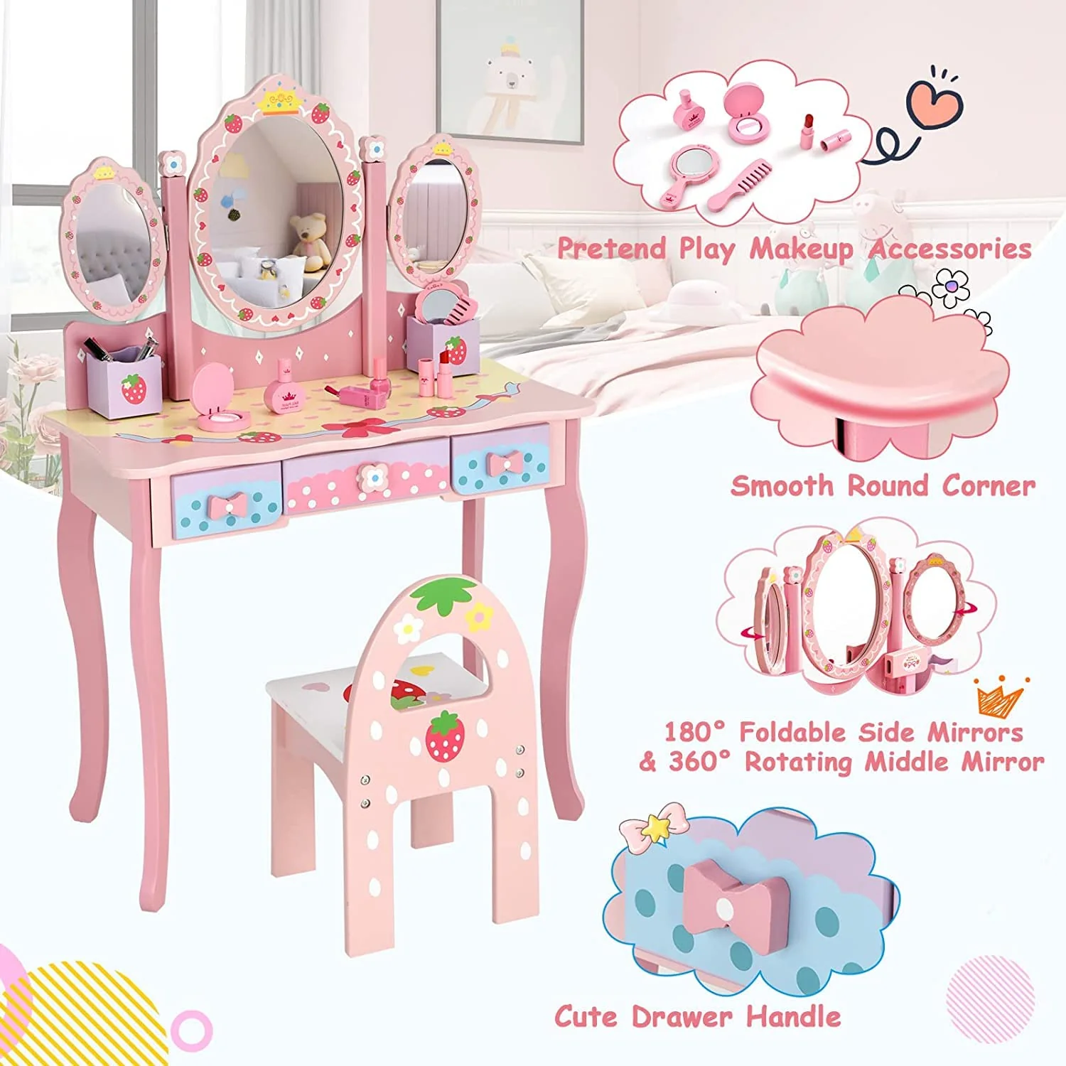 HONEY JOY Kids Vanity Table & Chair Set, Toddler Vanity w/Detachable Top, 2 in 1 Princess Makeup Dressing Table - Image 4