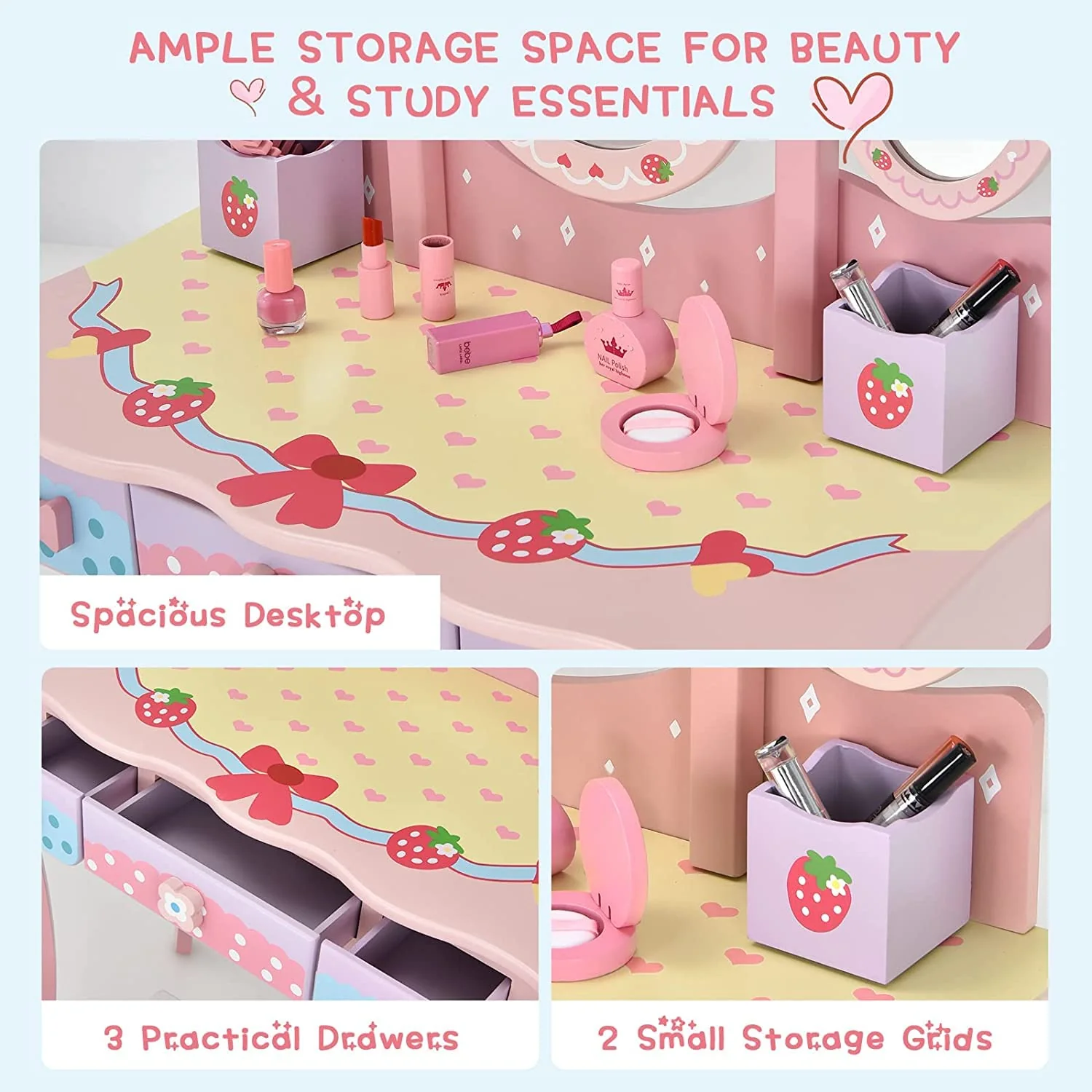 HONEY JOY Kids Vanity Table & Chair Set, Toddler Vanity w/Detachable Top, 2 in 1 Princess Makeup Dressing Table - Image 6