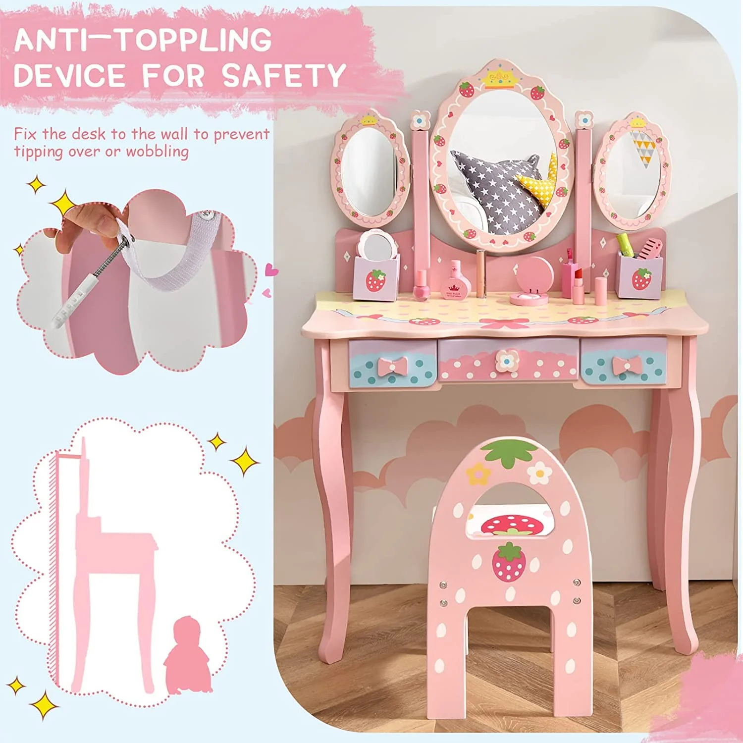 HONEY JOY Kids Vanity Table & Chair Set, Toddler Vanity w/Detachable Top, 2 in 1 Princess Makeup Dressing Table - Image 7