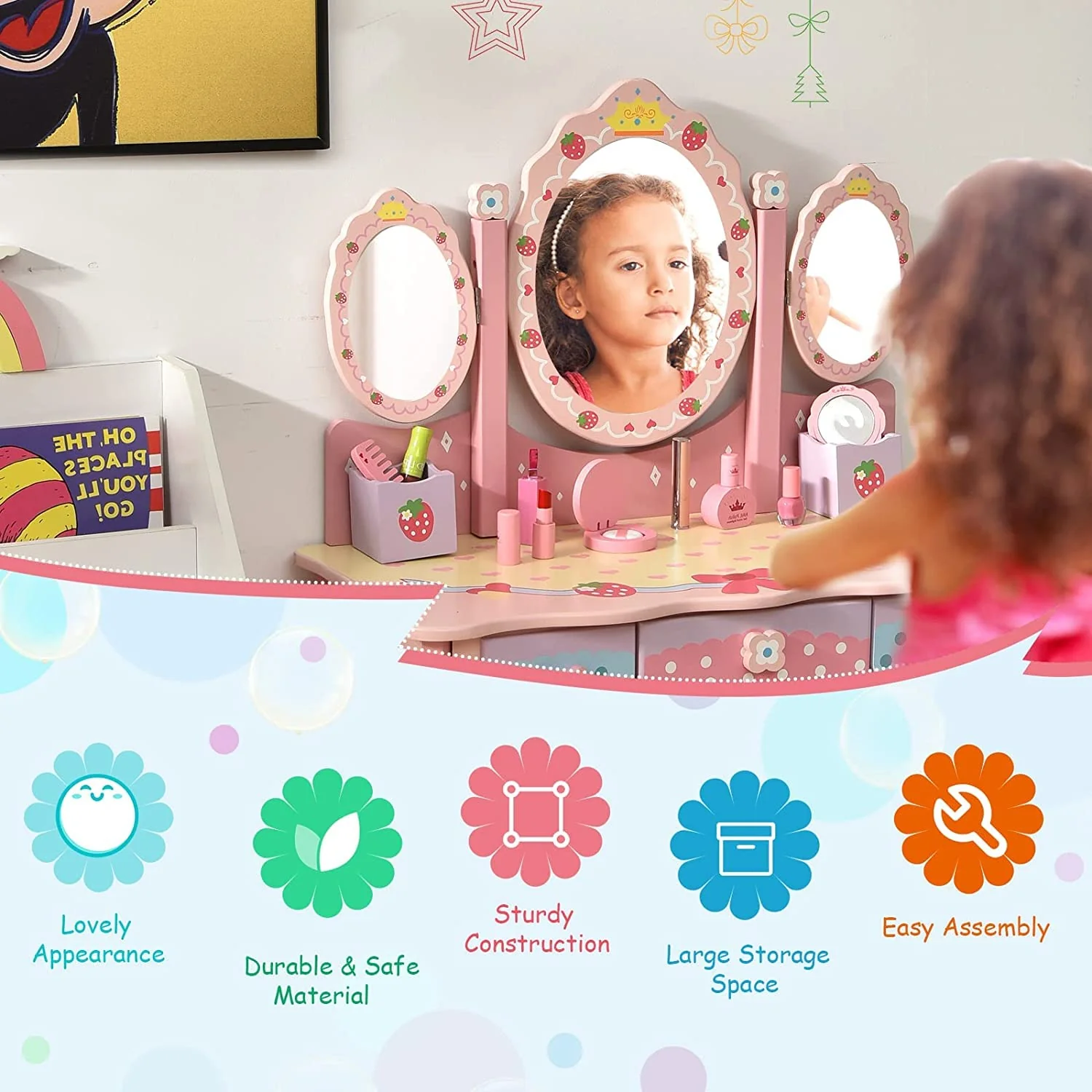HONEY JOY Kids Vanity Table & Chair Set, Toddler Vanity w/Detachable Top, 2 in 1 Princess Makeup Dressing Table - Image 8