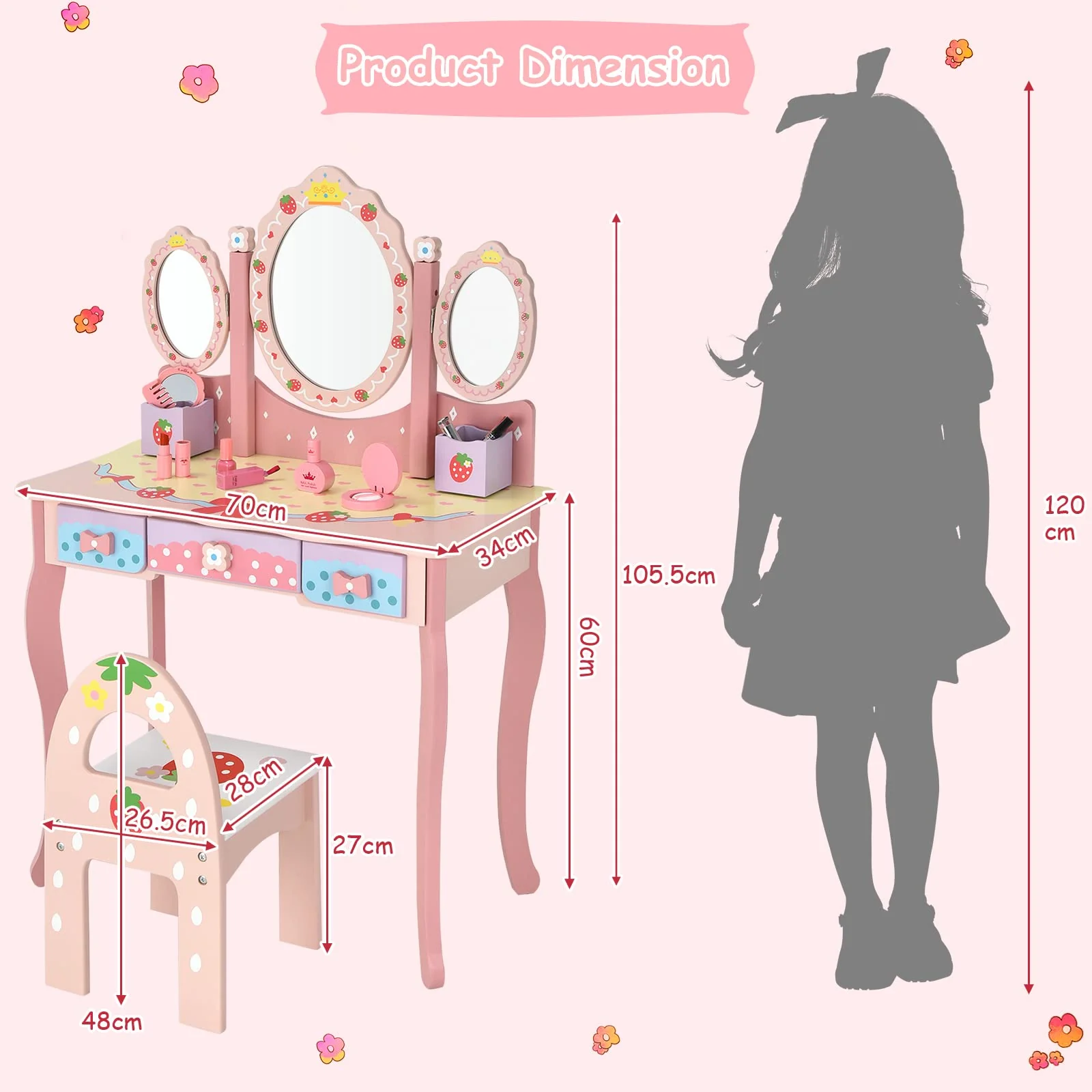 HONEY JOY Kids Vanity Table & Chair Set, Toddler Vanity w/Detachable Top, 2 in 1 Princess Makeup Dressing Table - Image 9