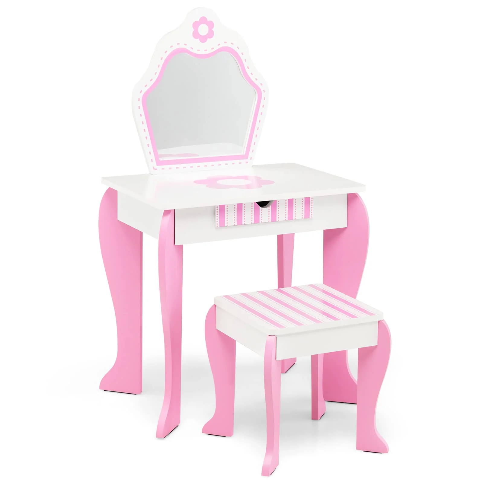 HONEY JOY Kids Vanity Table & Stool Set, 2-in-1 Princess Pretend Play Makeup Dressing Table Set w/Mirror & Drawer