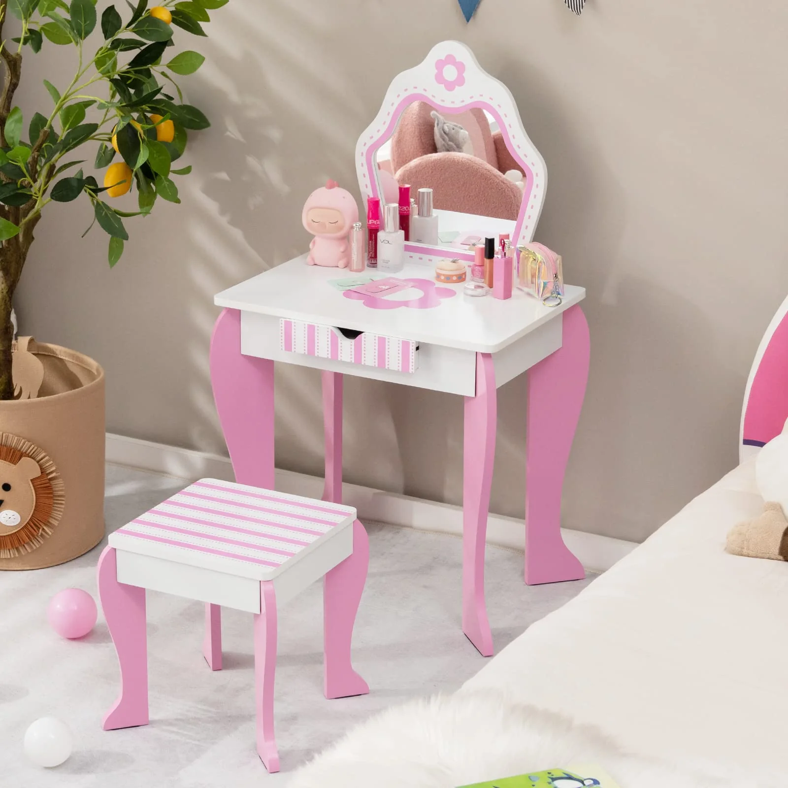 HONEY JOY Kids Vanity Table & Stool Set, 2-in-1 Princess Pretend Play Makeup Dressing Table Set w/Mirror & Drawer - Image 2