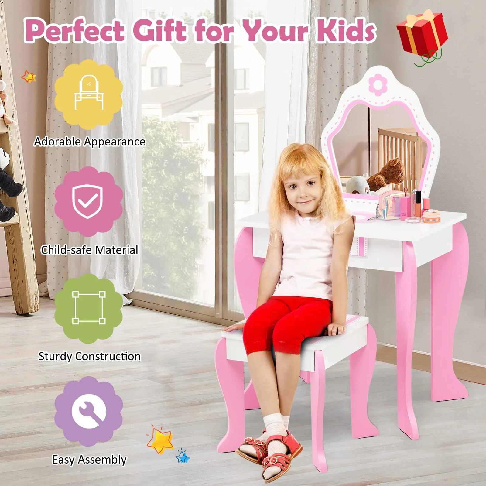 HONEY JOY Kids Vanity Table & Stool Set, 2-in-1 Princess Pretend Play Makeup Dressing Table Set w/Mirror & Drawer - Image 3