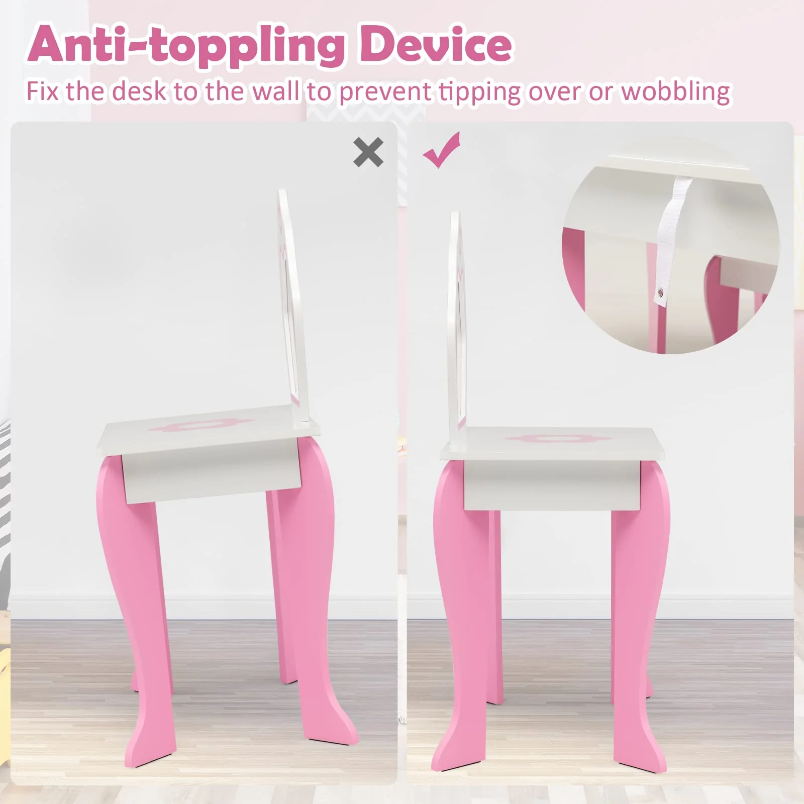 HONEY JOY Kids Vanity Table & Stool Set, 2-in-1 Princess Pretend Play Makeup Dressing Table Set w/Mirror & Drawer - Image 4