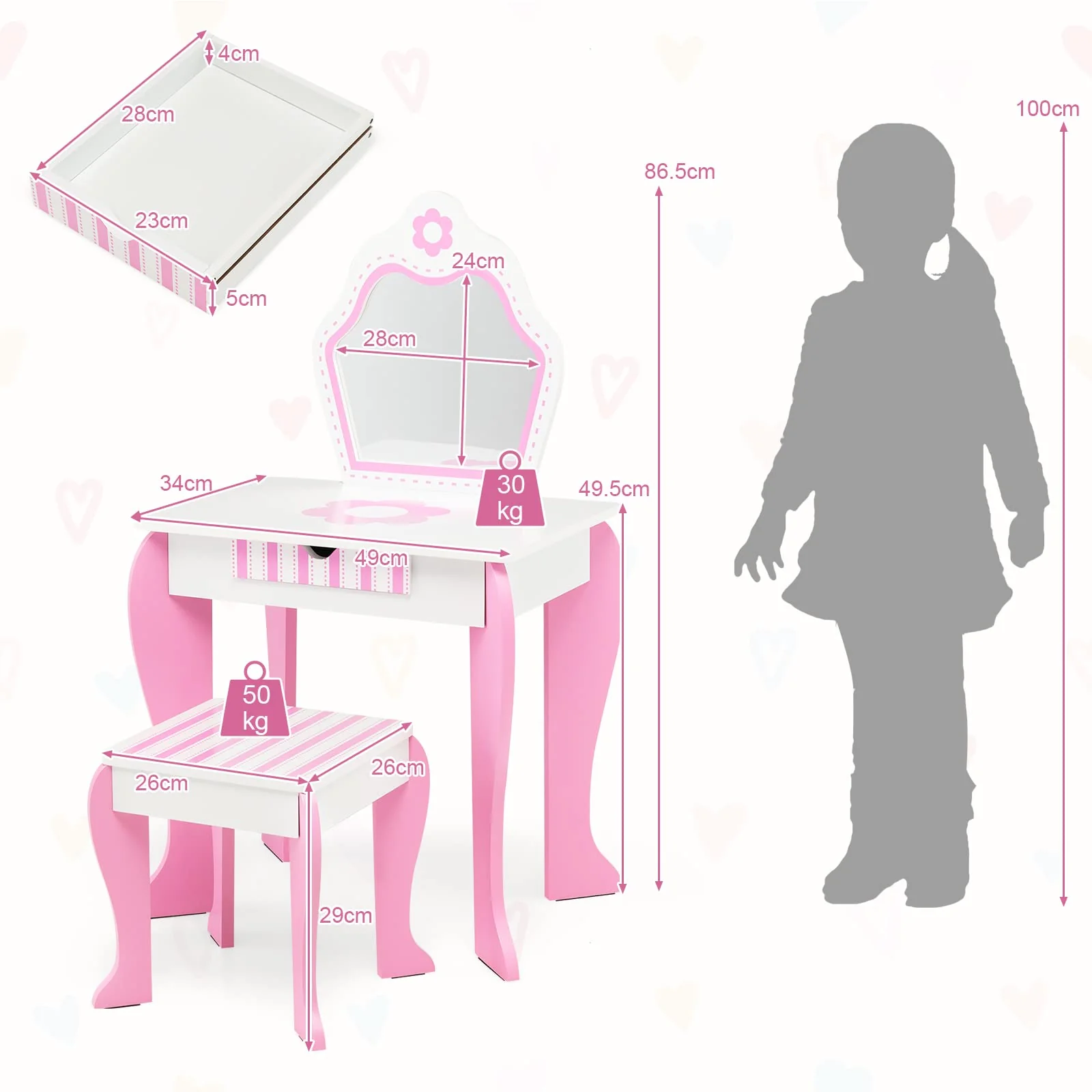 HONEY JOY Kids Vanity Table & Stool Set, 2-in-1 Princess Pretend Play Makeup Dressing Table Set w/Mirror & Drawer - Image 5