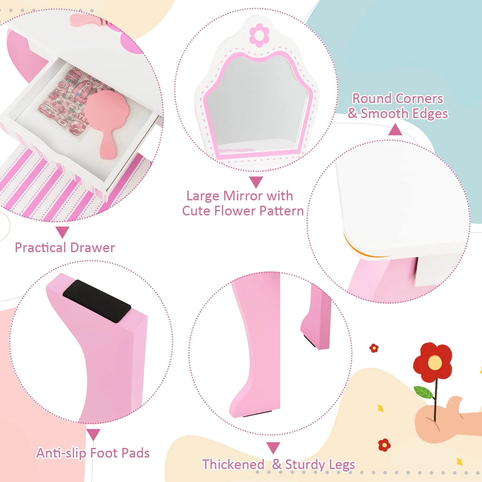 HONEY JOY Kids Vanity Table & Stool Set, 2-in-1 Princess Pretend Play Makeup Dressing Table Set w/Mirror & Drawer - Image 6