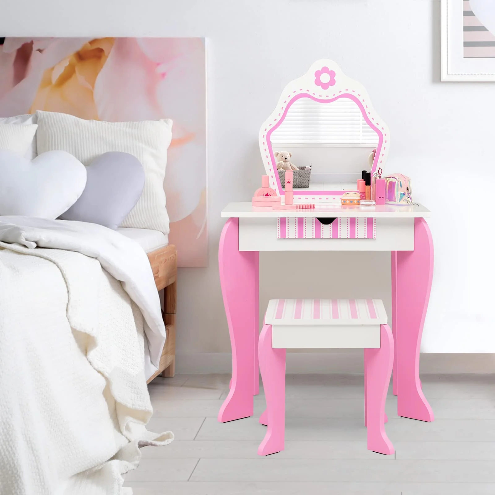 HONEY JOY Kids Vanity Table & Stool Set, 2-in-1 Princess Pretend Play Makeup Dressing Table Set w/Mirror & Drawer - Image 7