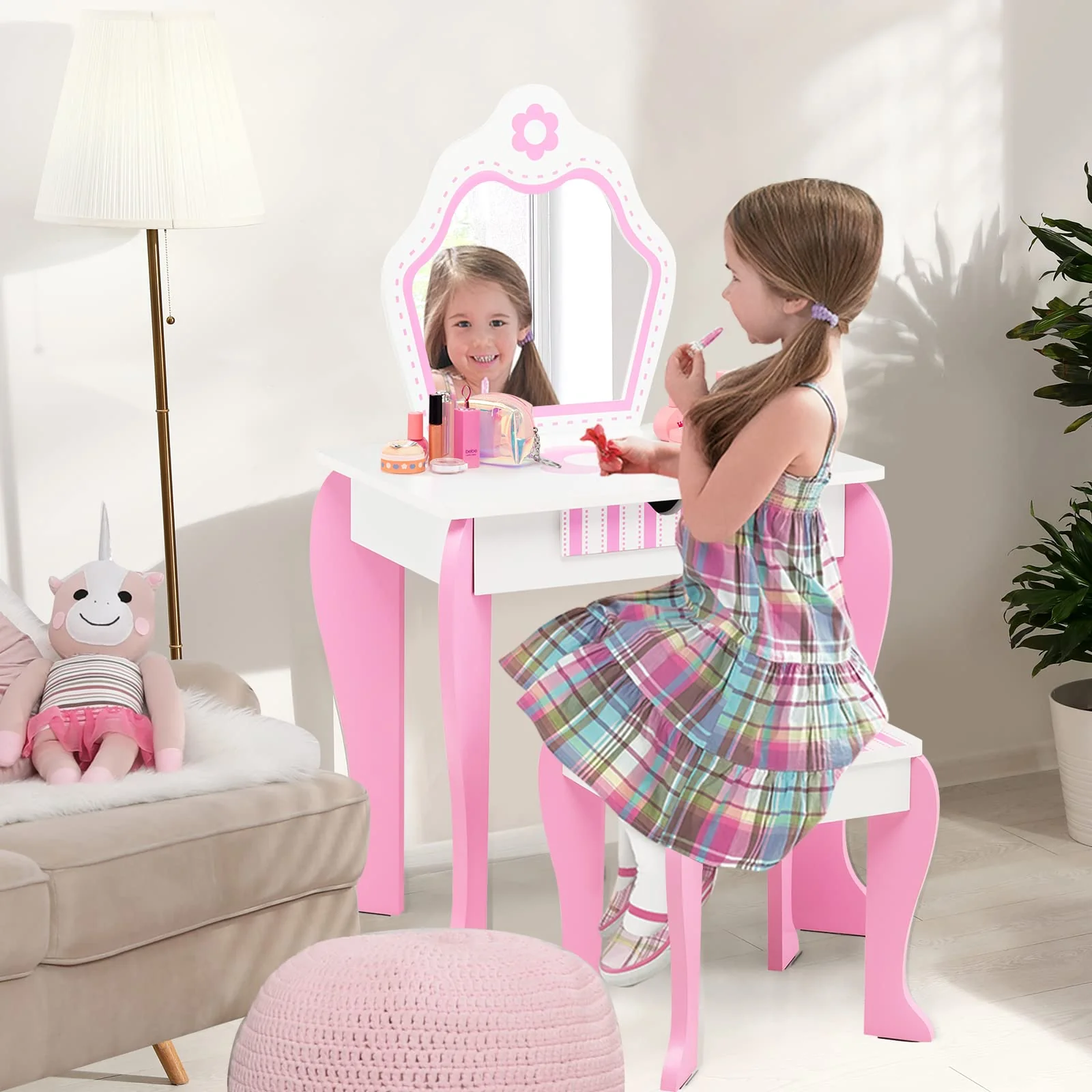 HONEY JOY Kids Vanity Table & Stool Set, 2-in-1 Princess Pretend Play Makeup Dressing Table Set w/Mirror & Drawer - Image 8