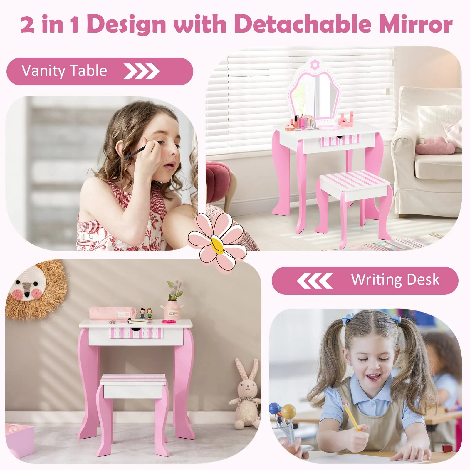 HONEY JOY Kids Vanity Table & Stool Set, 2-in-1 Princess Pretend Play Makeup Dressing Table Set w/Mirror & Drawer - Image 9