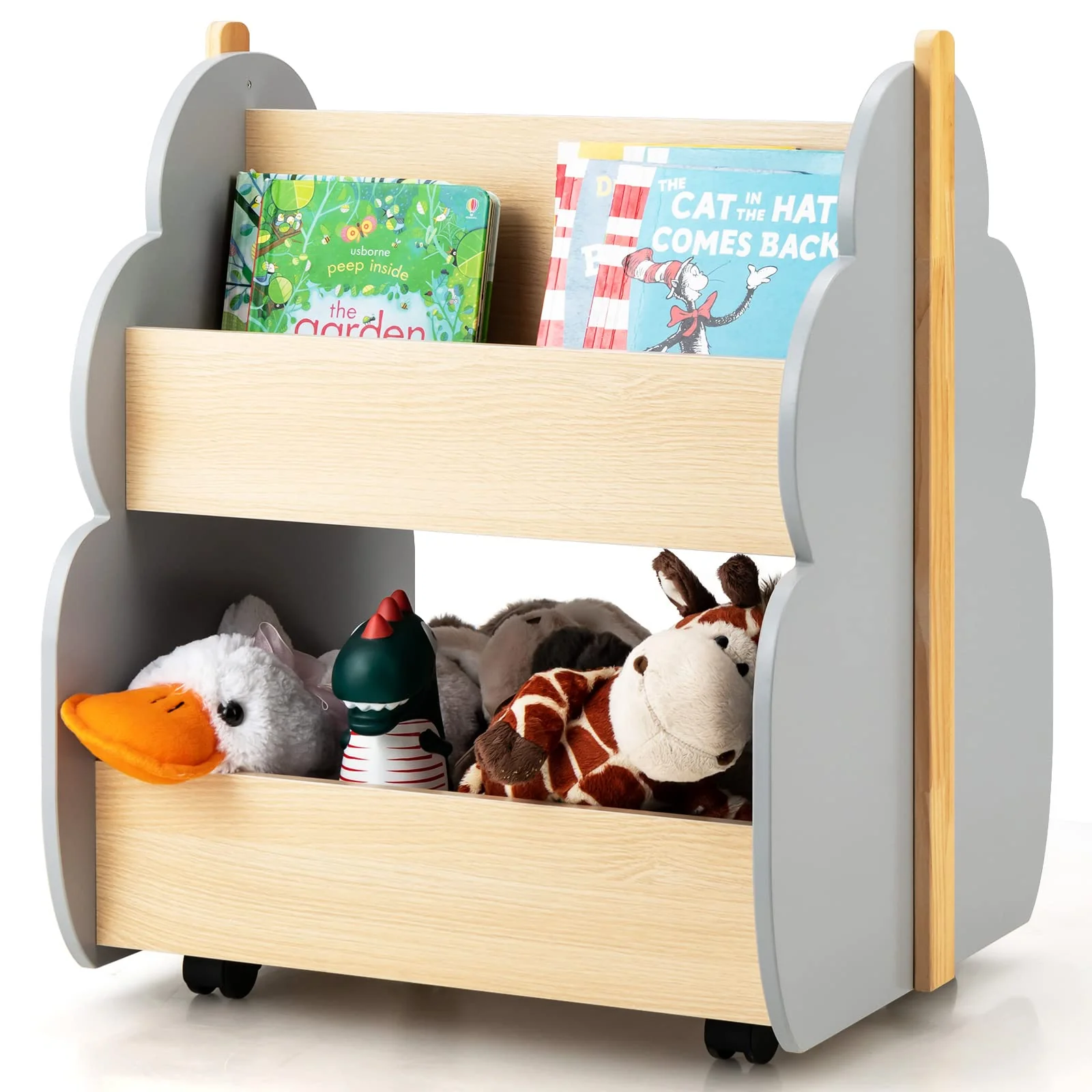 HONEY JOY Kids Wooden Bookshelf, Toddler Double-Sided Bookcase Toy Storage Shelf w/Universal Wheels - Image 11