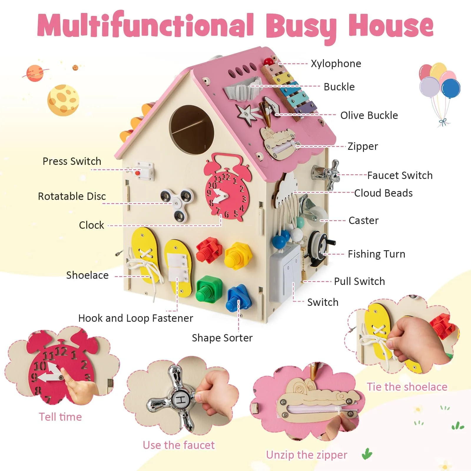 HONEY JOY Kids Wooden Busy House Toy, Montessori Play House w/Sensory Games & Interior Storage Space - Image 3