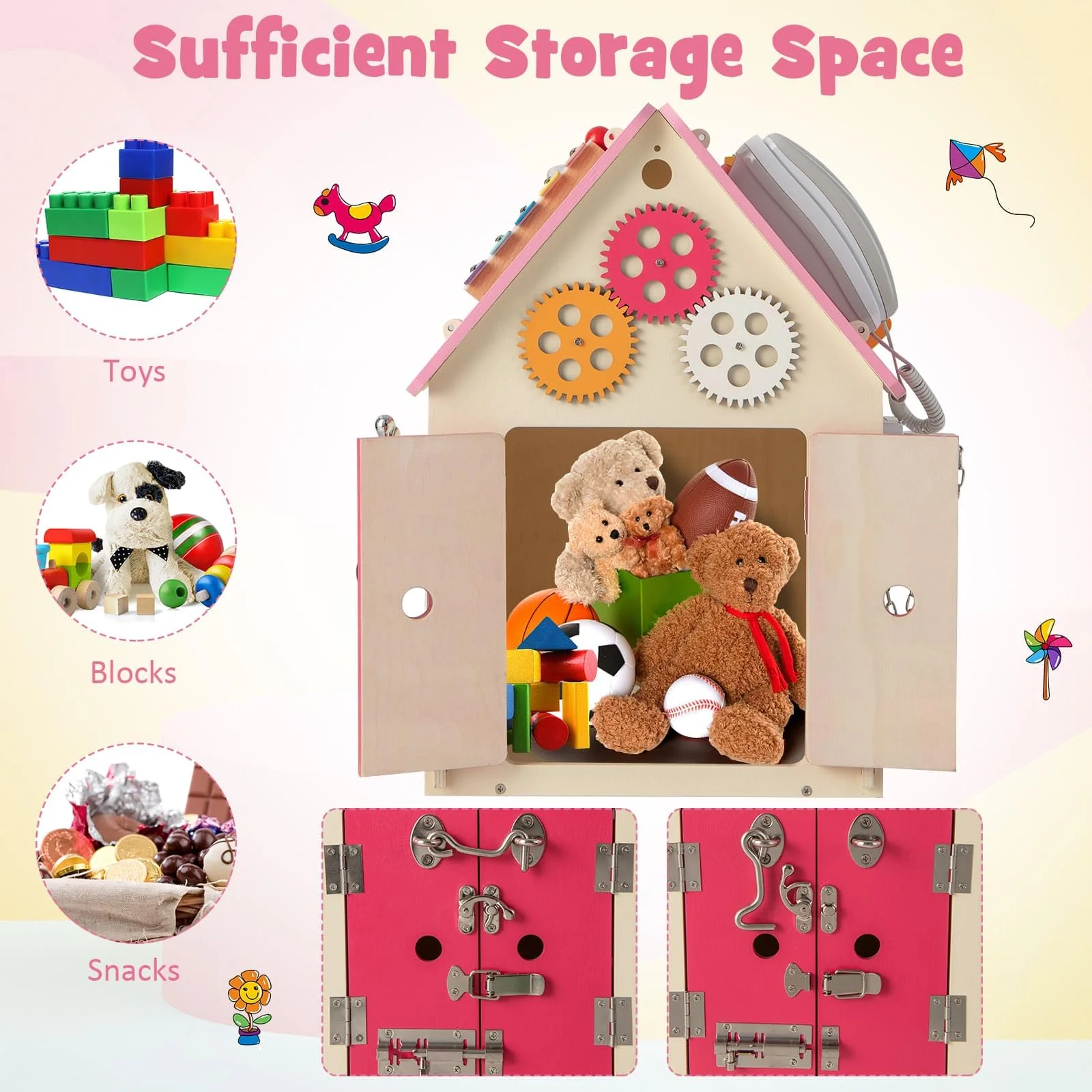 HONEY JOY Kids Wooden Busy House Toy, Montessori Play House w/Sensory Games & Interior Storage Space - Image 4