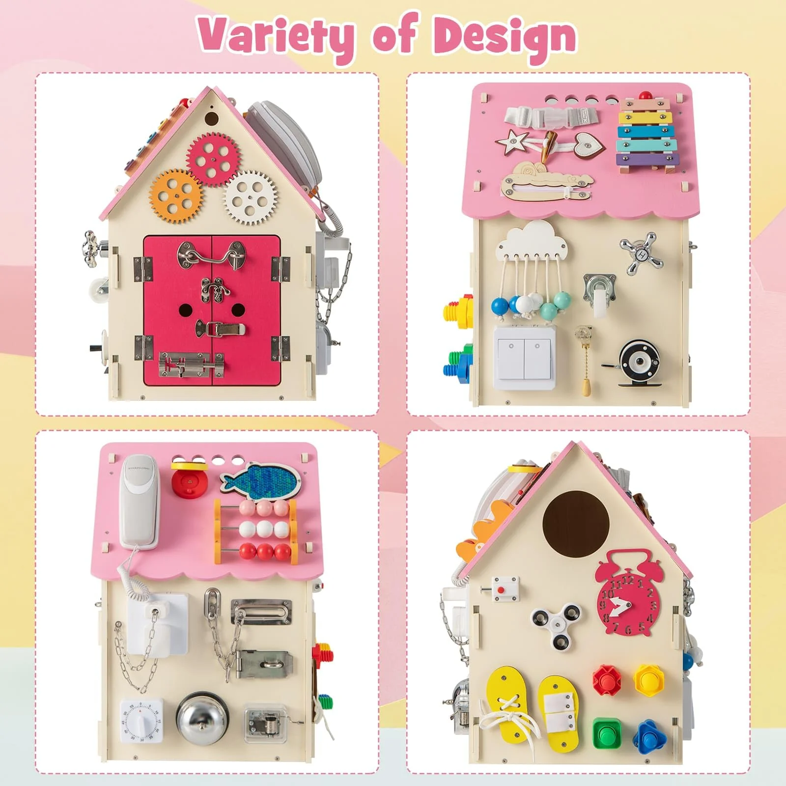 HONEY JOY Kids Wooden Busy House Toy, Montessori Play House w/Sensory Games & Interior Storage Space - Image 5