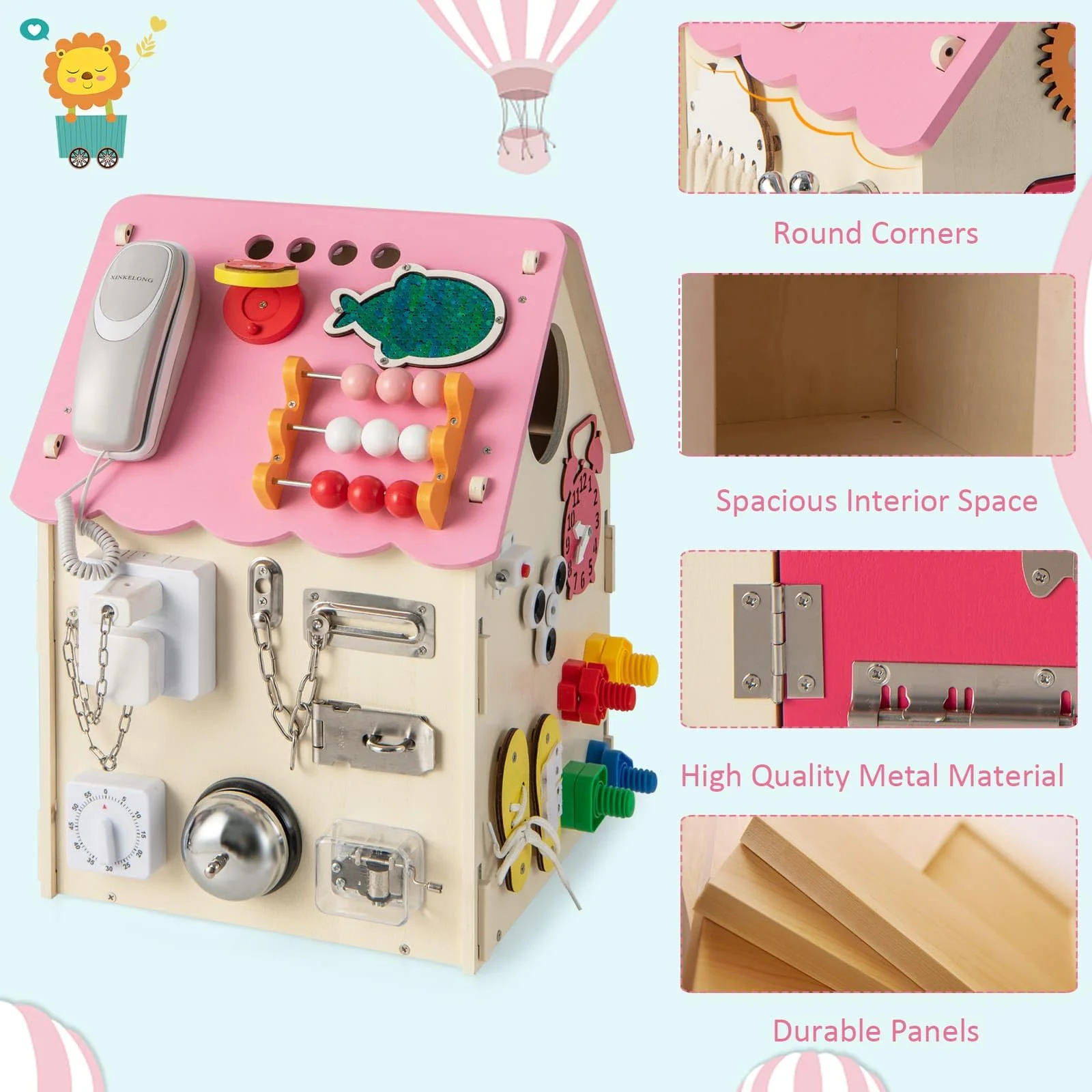 HONEY JOY Kids Wooden Busy House Toy, Montessori Play House w/Sensory Games & Interior Storage Space - Image 6