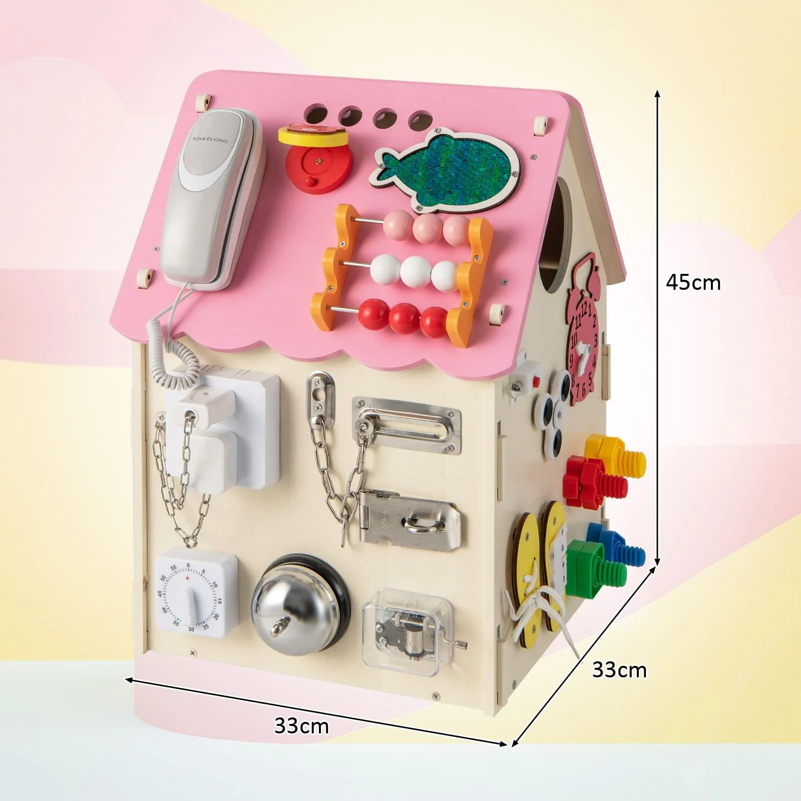 HONEY JOY Kids Wooden Busy House Toy, Montessori Play House w/Sensory Games & Interior Storage Space - Image 7