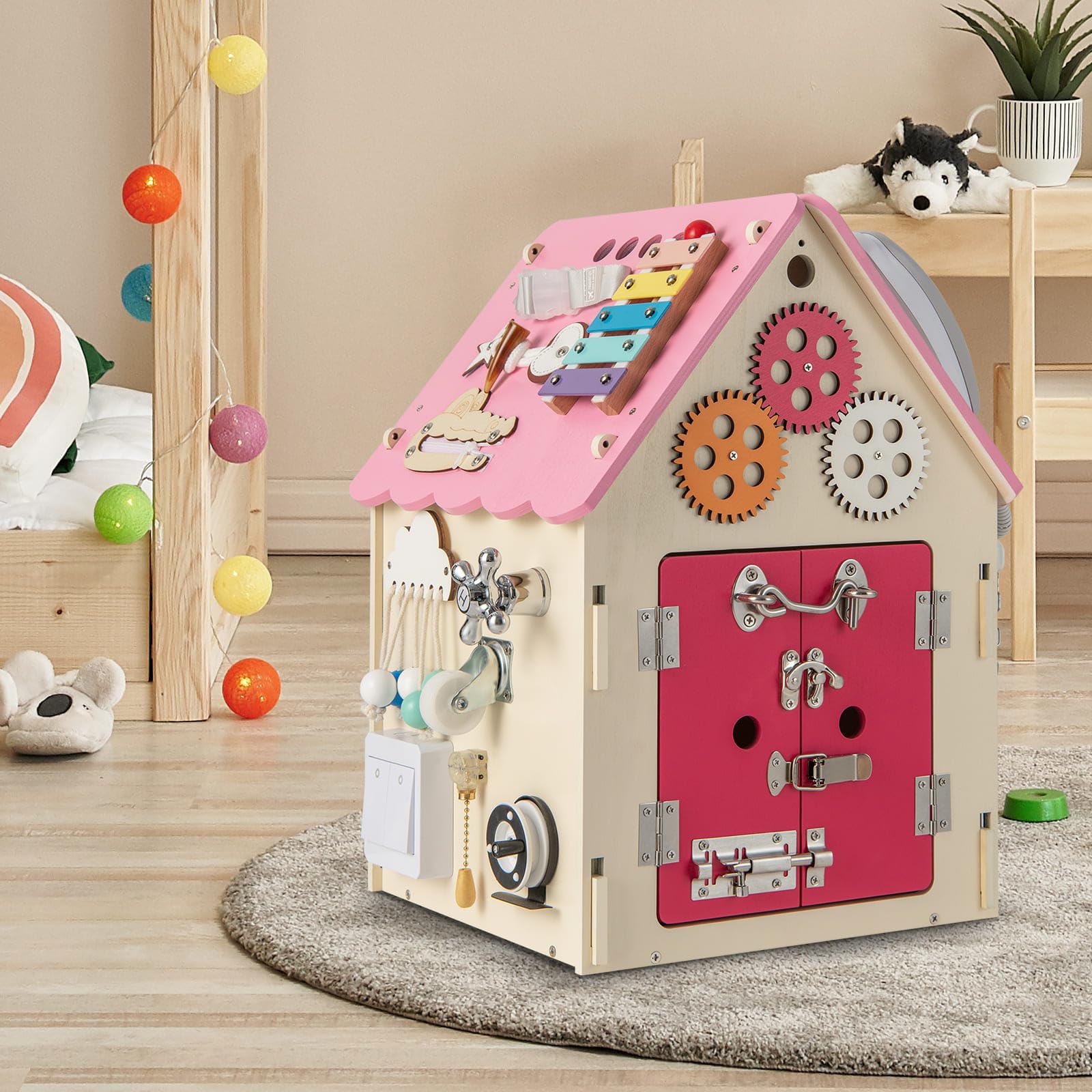 HONEY JOY Kids Wooden Busy House Toy, Montessori Play House w/Sensory Games & Interior Storage Space - Image 8