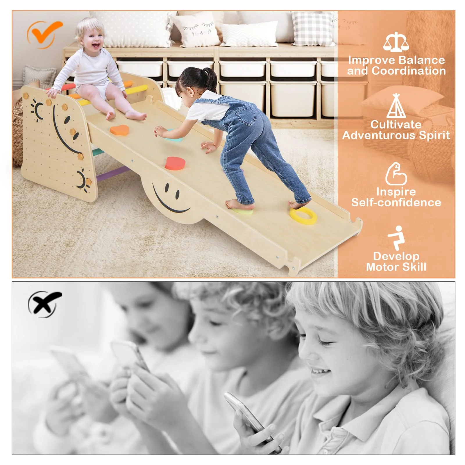 HONEY JOY Kids Wooden Climbing Toy, Triangle Climber Jungle Gym Set w/Seesaw, Dual-Sided Ramp - Image 4