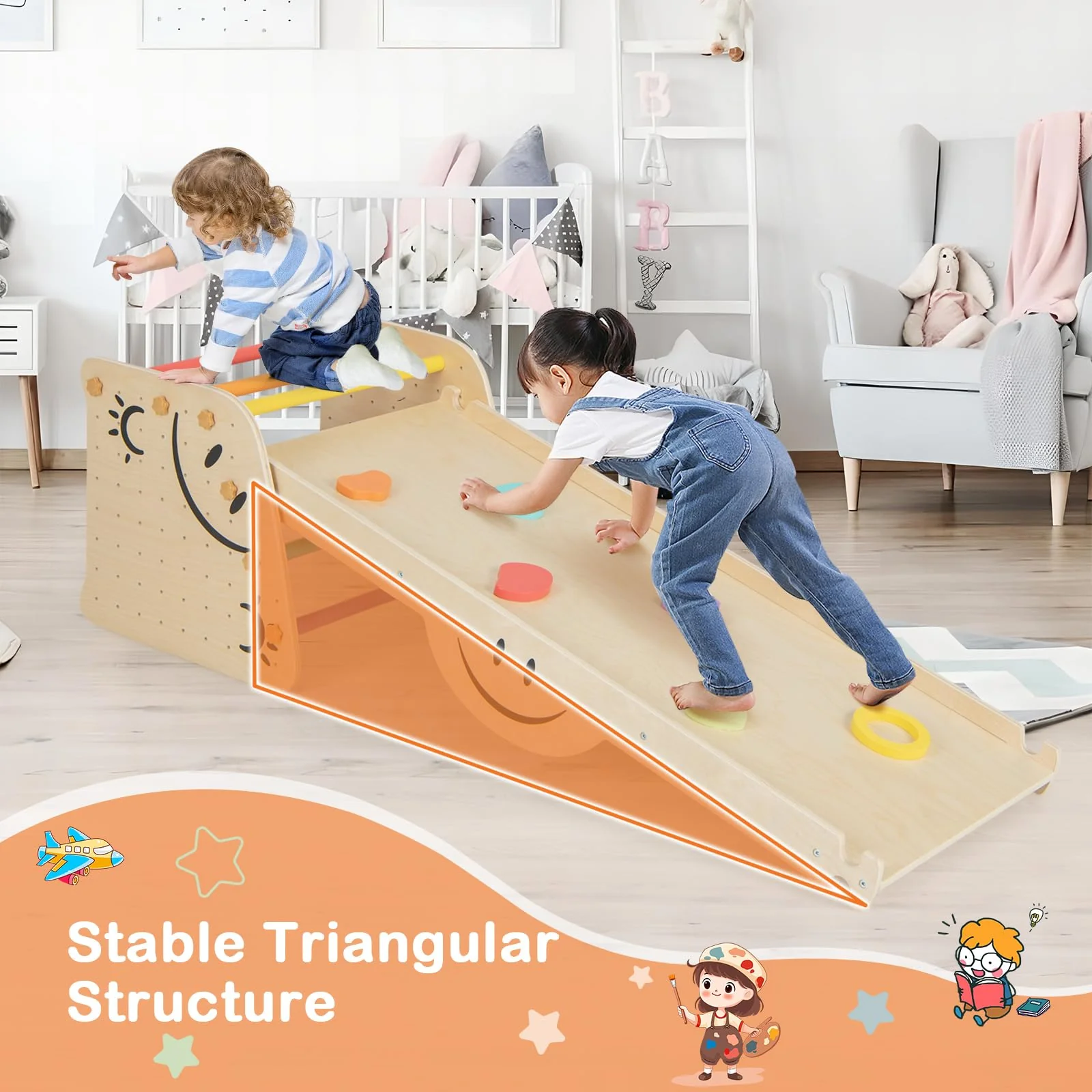 HONEY JOY Kids Wooden Climbing Toy, Triangle Climber Jungle Gym Set w/Seesaw, Dual-Sided Ramp - Image 8