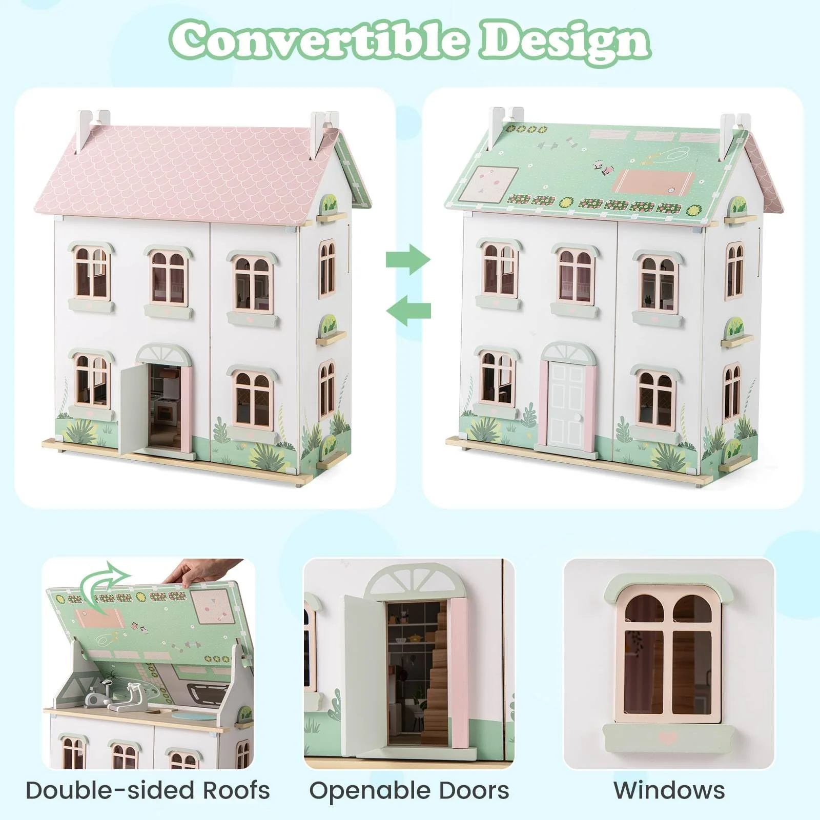 HONEY JOY Kids Wooden Dollhouse, 3 Level Doll House Playset - Image 3